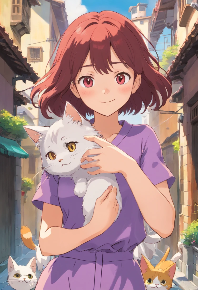 Apresentando o protagonista de um anime, a young Asian woman named Sara, ela tem cabelo curto e liso, vermelho claro;. She's wearing a lilac jumpsuit, Seus olhos castanhos. She is shown playing with kittens on a street in Brazil, She is grinning