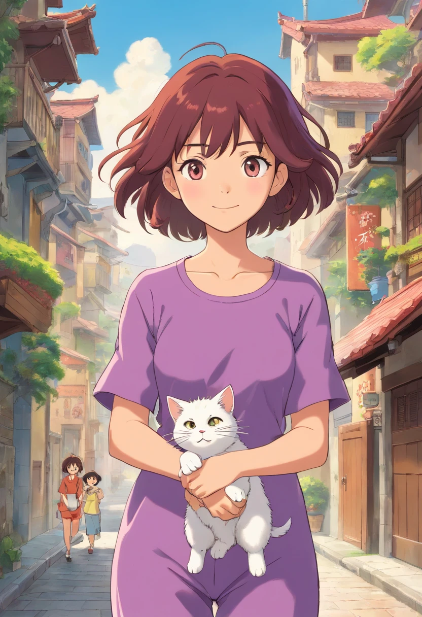 Apresentando o protagonista de um anime, a young Asian woman named Sara, ela tem cabelo curto e liso, vermelho claro;. She's wearing a lilac jumpsuit, Seus olhos castanhos. She is shown playing with kittens on a street in Brazil, She is grinning
