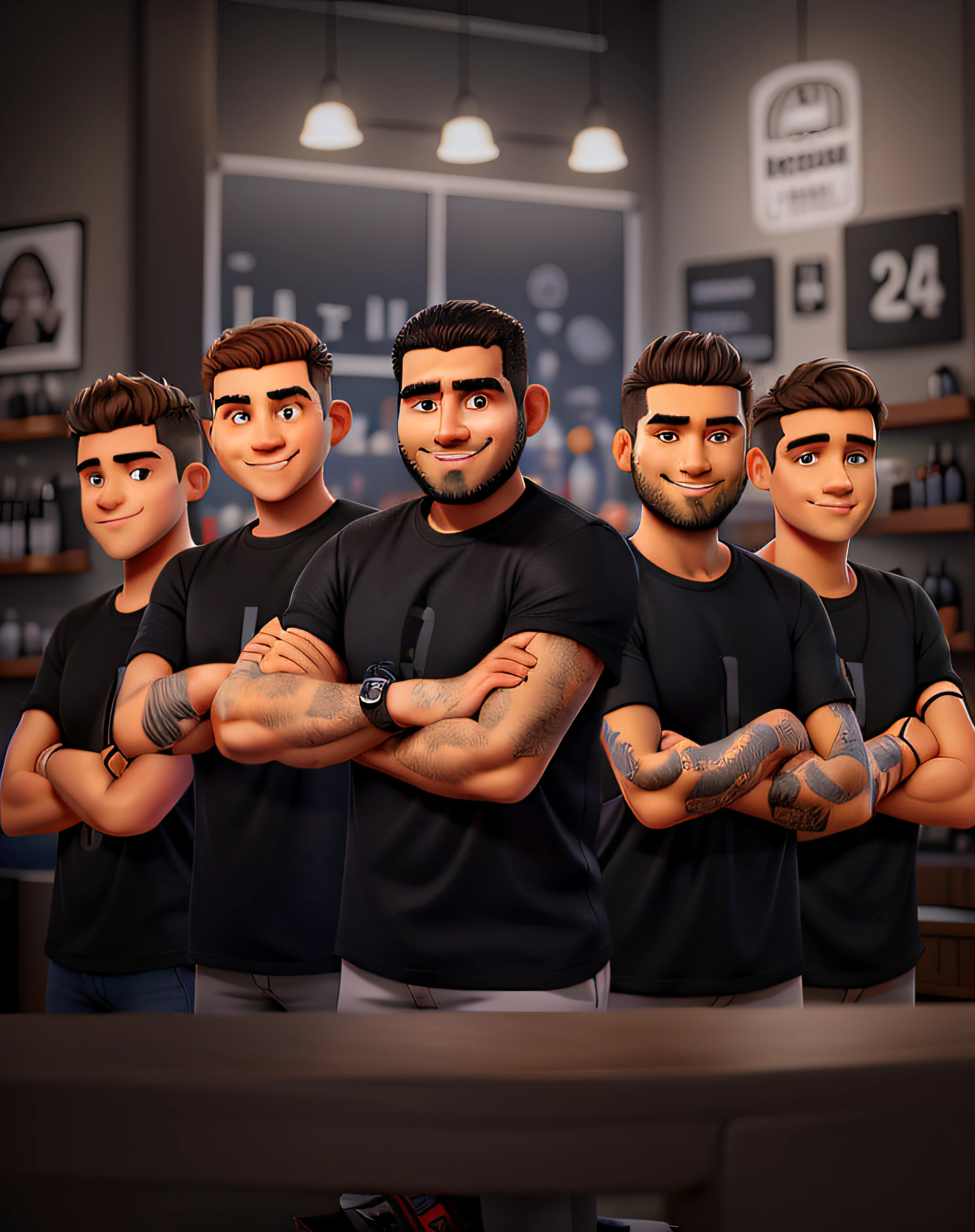 5 barbers smiling with crossed arms and black t-shirt, fundo de barbearia moderna