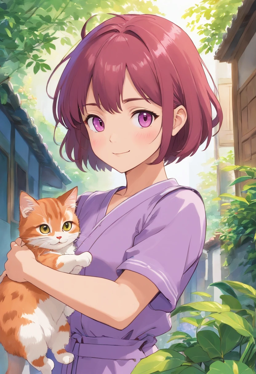 Apresentando o protagonista, a young asian girl named Sara she has short straight hair light red. She's wearing a lilac jumpsuit, Seus olhos castanhos. She is shown with kittens, andando numa rua do Brasil, She is grinning. No fundo uma rua