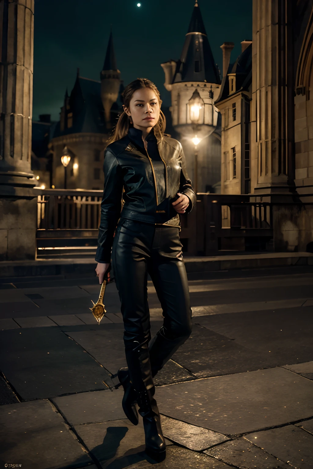 Kristin Kreuk avec blouson en cuir jaune et pantalon de cuir noir et longues bottes en cuir noires. Holds a magic wand with a green light at the end . Elle a de longs cheveux bruns. ponytail. beaux yeux verts. Handmade Wand with Green Light Full Moon Night, Hogwarts Castle in the background. Illuminated by moonlight and lamps in the city. Chef d'oeuvre. golden ratio. highly detailed. very wide shot. Very large plan