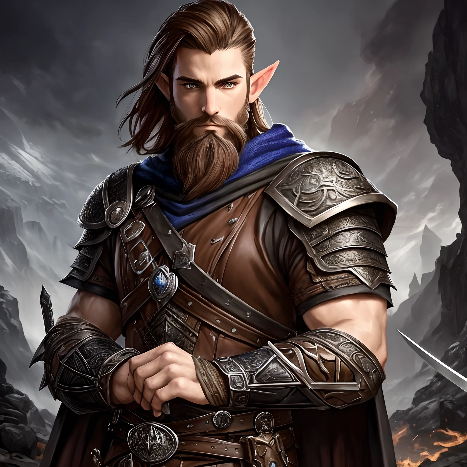 Half Elf with Short Beard, epic rpg portrait, Portrait masculin fantastique, RPG Portrait concept art, Male Prowler, Portrait de concept art fantastique, epic portrait illustration, detailed character portrait, Personnage Donjons et Dragons, detailed hands, cap, High detail, Two swords in the back, cheveux longs, yeux marrons