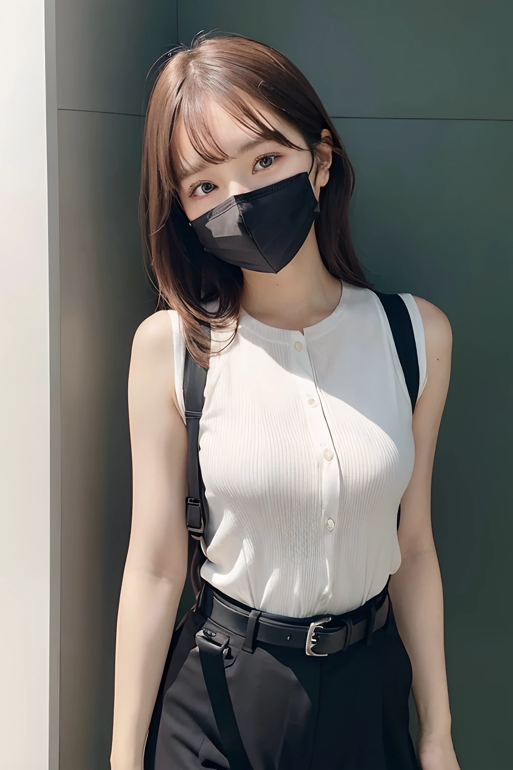 ​masterpiece、flat-colors、depth of fields、lens flare 1 girl、、Brown hair、watching at viewers　　　　a belt　black suspenders　　　huge-breasted　　　 　 Armpit sweat　perspiring　Side of both hands　　walls: 　Black pants, Black jacket holster　arm　Leg holster　　　arma　Gaze　　　Small face　masks