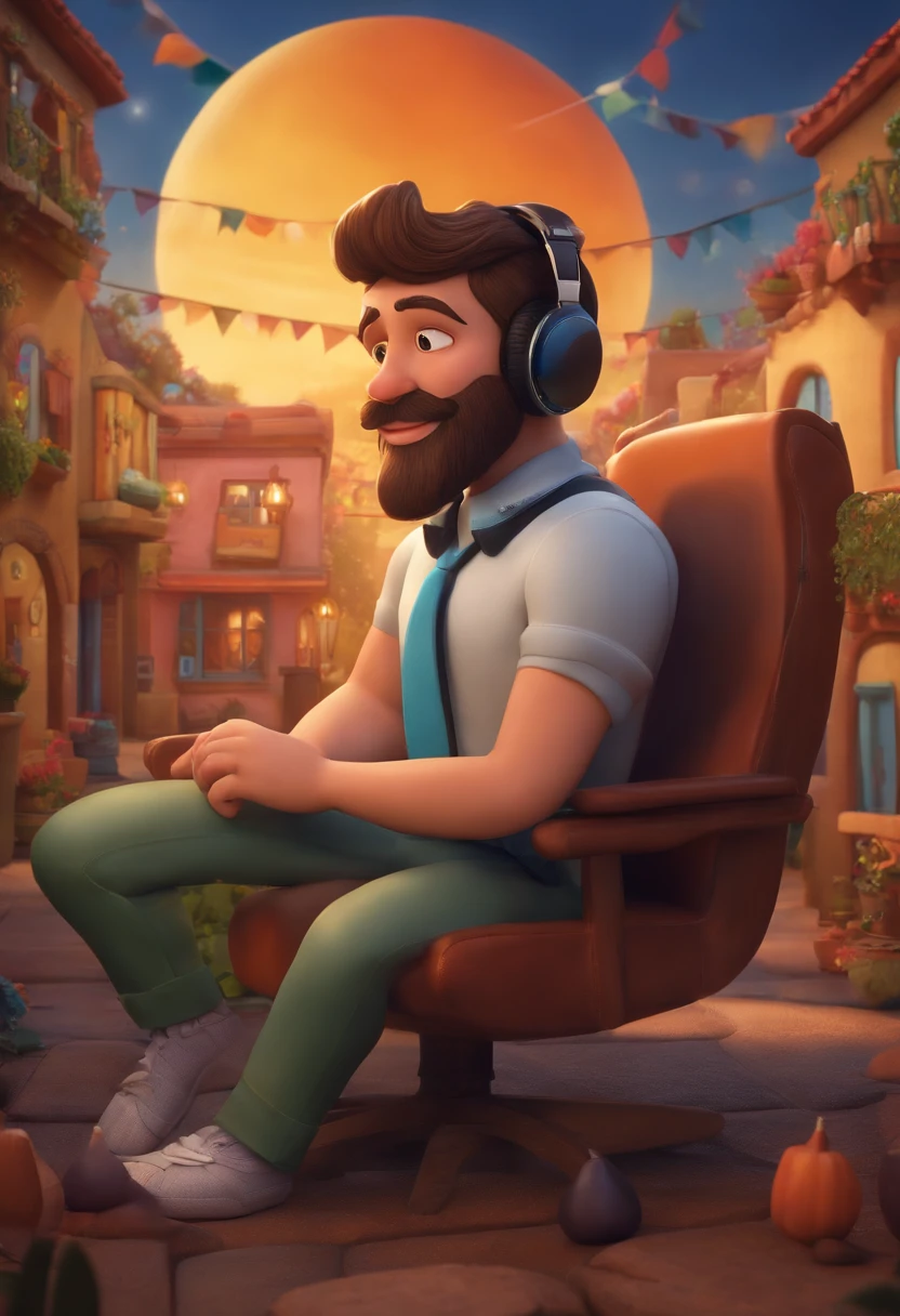 um homem, em breve, barba curta, olhos castanhos, com fones de ouvido, A music studio in the background, Imagem no estilo Pixar, Estilo de filme animado 3D, Disney, camiseta preta