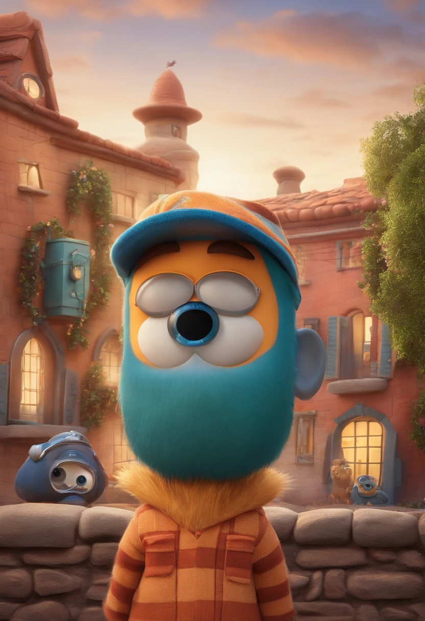 um homem, em breve, barba curta, olhos castanhos, com fones de ouvido, A music studio in the background, Imagem no estilo Pixar, Estilo de filme animado 3D, Disney, camiseta preta