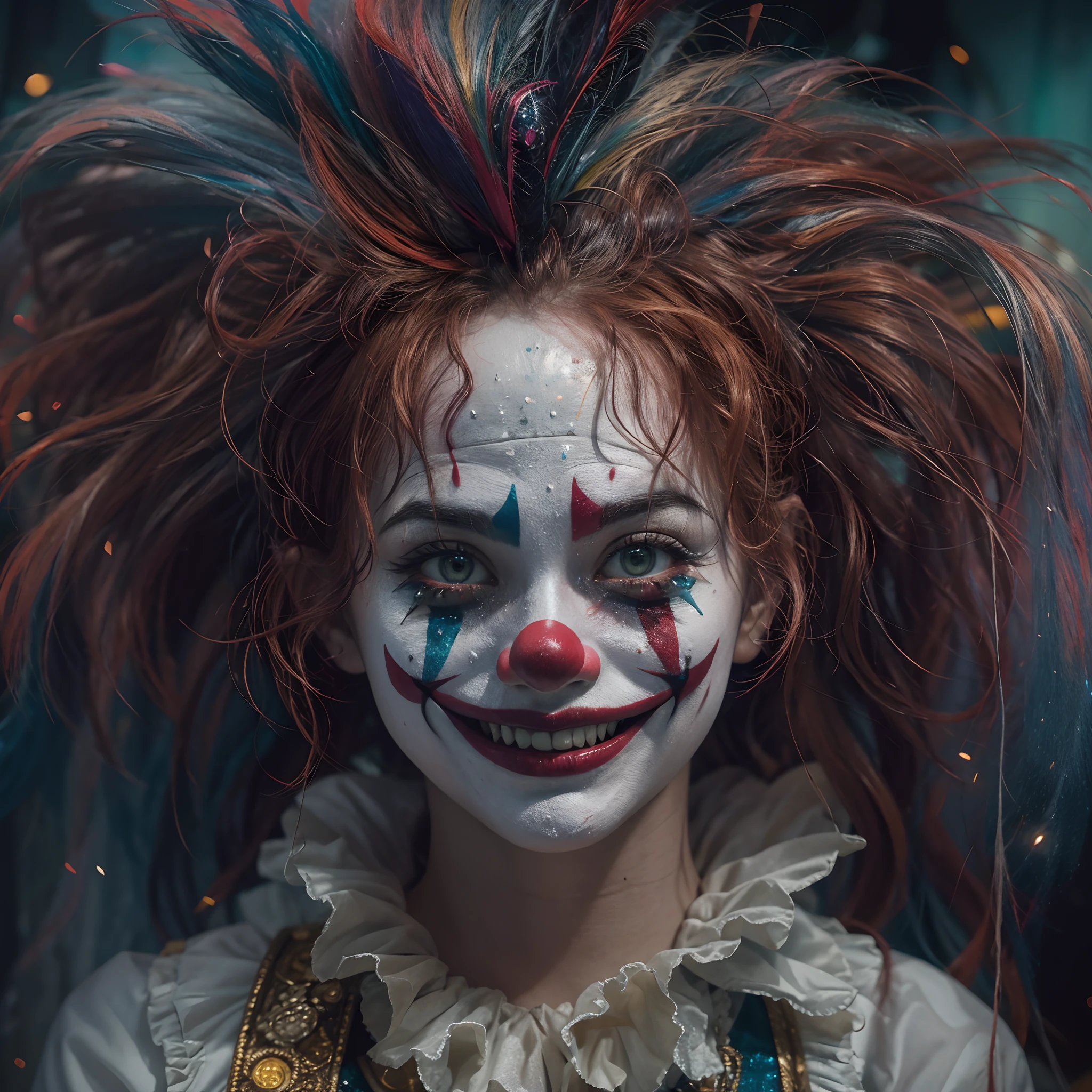 Weird psychopath Halle Quinn,horror smile,Reddens Nose,Cute,Wavy hair, feathered headdress,Sparkling sequins,(Colorful clown costumes),oil painted,creepy atmosphera,eerie lights,Haunted hospital,Detail texture、painterly style、Psychological thriller、arte de terror、Gorgeous but unsettling、It's terrifyingly real、It's terrifyingly realistic、Surrealist elements、Unconventional beauty、Provocative、Dramatic impact,(Portrait of Horror:1.1)