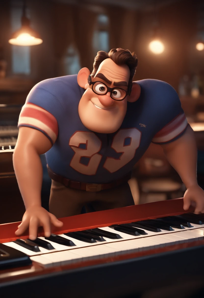 A Pixar-style 3D poster, Captura de uma cena com o fundo de videoaula com um homem negro de 40 anos, corpo atletico, portanto, cabelos bem curto, He's happy with a keyboard( Piano ) On a recording studio background with LED lights making videos for your students, animation style rendering, 3D estilizado, Arnold Maya render, 3 d render stylized, toon render keyshot, Personagem 3D, Personagem 3D, 3d rendering stylized, 3 d character render, personagem de desenho animado, Personagem de close up, Pose de personagem, (Estilo Pixar) (master part:1.2) (Bokeh) (best quality) (pele detalhada) (textura detalhada) (8k) (argila) (Cinematic lighting) (foco nítido