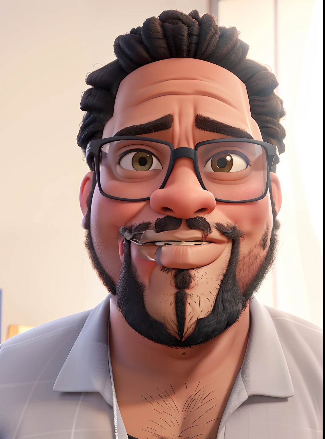 A 28 year old fat black man with a full beard and long curly hair wearing glasses in an office