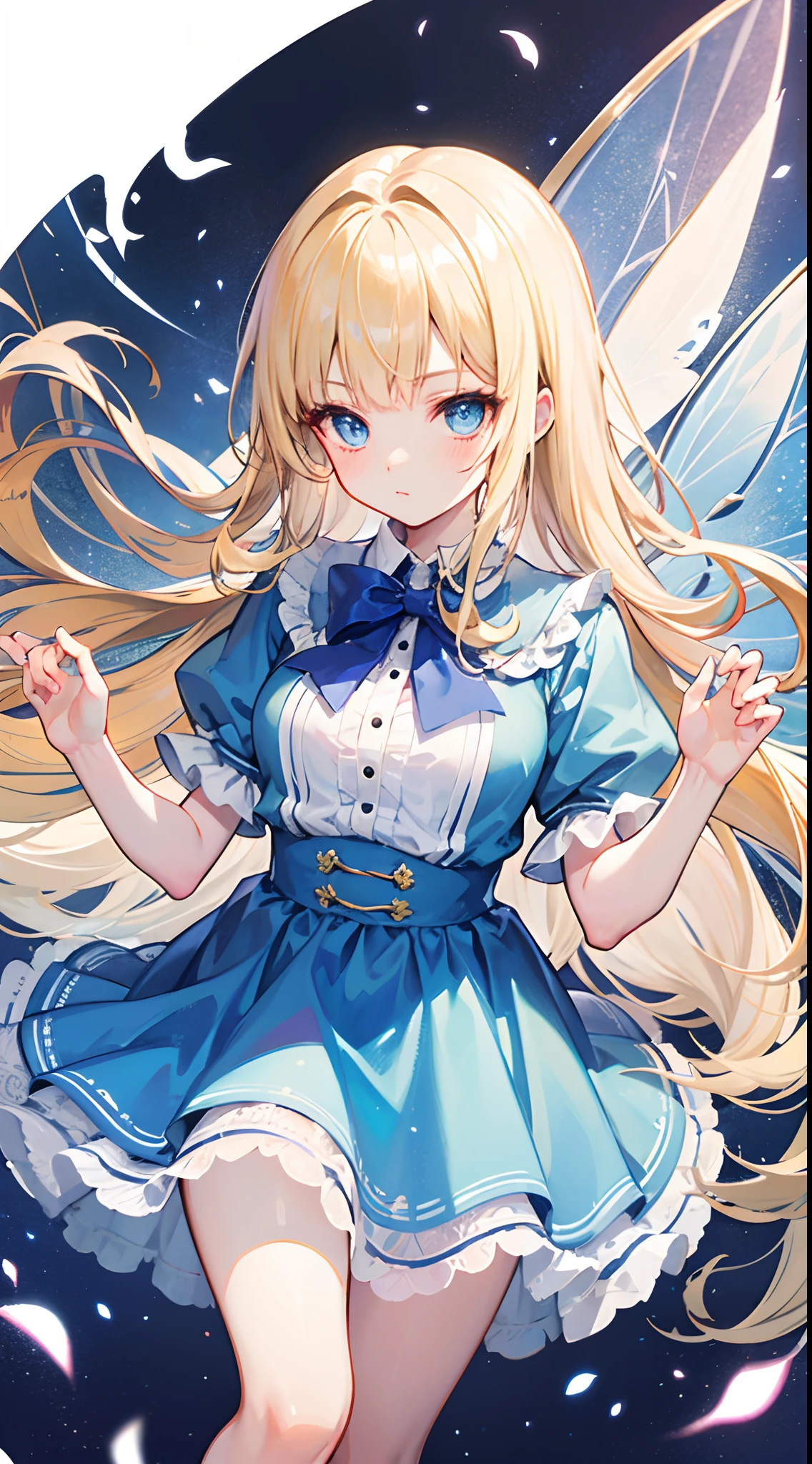 Long blond hair, blue eyes, light blue skirt, light blue bow, Alice, fairy tale, European style