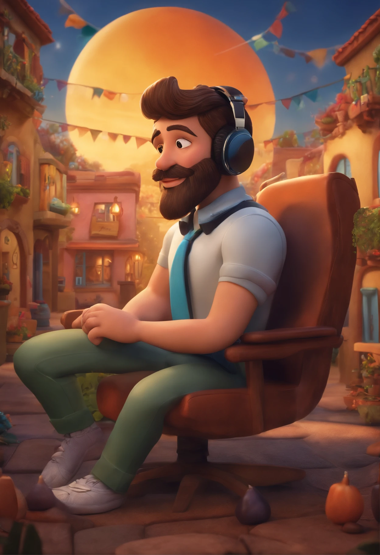 um homem, em breve, barba curta, olhos castanhos, com fones de ouvido, A music studio in the background, Imagem no estilo Pixar, Estilo de filme animado 3D, Disney, camiseta preta