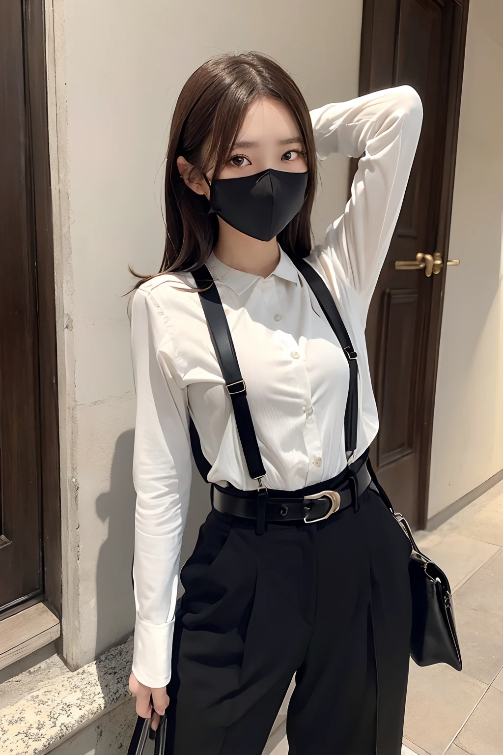 masterpiece、flat-colors、depth of fields、lens flare 1 girl、、Brown hair、watching at viewers a belt black suspenders huge-breasted Armpit sweat perspiring Side of both hands walls: Black pants, Black jacket holster arm Leg holster arma Gaze Small face masks