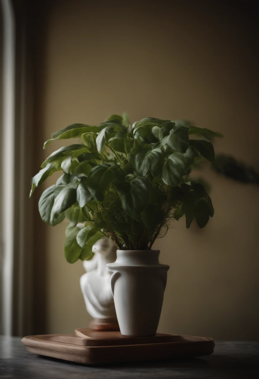 There's a headless woman with a potted plant for her head, uma imagem inspirada em Rene Magritte, planta em vaso, retrato centrado, fundo infinito, a potted plant in place of the head