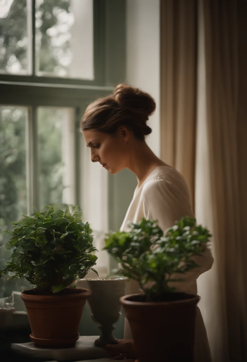 There's a headless woman with a potted plant for her head, uma imagem inspirada em Rene Magritte, planta em vaso, retrato centrado, fundo infinito, a potted plant in place of the head