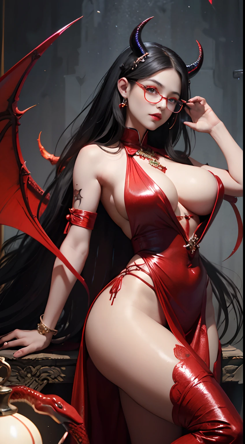 Fine、(The best illustrations)、8k UHD resolution、intricate-detail、top-quality、realisitic、ultra-detailliert、The best lighting、Best Shadows、Soft lighting、Ulutra HD、Ultra-realistic、Tindall Effect、Photorealsitic、(High Detail Skins:1.2)、 (Intricate details, makeup, pureerosface_v1:0.5), (Detailed beautiful delicate face, Detailed beautiful delicate eyes, A perfectly proportioned face, High detailed skin, Detailed skin, best ratio four finger and one thumb, arms below breasts, Tattoo with a red glow under the stomach、Awesome awesome, wide hips, smooth midriff, skiny and thin, __Fashion__, __hair__:1.25)、Digital SLR、 absurderes、1 beautiful devil woman from hell, surreal female portraits by David Hockney and Alphonse Mucha, Portrait of a seductive woman、Fantasy Art, Chinese Doll、Chinese actress、Dungeon、The dragon、Devil's Palace、Devil's Torture Chamber、natta、Dark style 、In the Dark、(Detailed spooky backgrounds:0.8), magia、 1人、Evil Nun、Dark Necromancer、Succubus、Devil's Daughter、Umi Shinonome、Bat Wings,(((Demon Horns)))、 ((((Huge glasses, Otaku Glasses, thick glasses, Round glasses)))),(((Colossal tits)))、(Devil's Tail)、(red eyes glowing:1.6)、red eyes make up very sharp and detailed, The eyes are very well made up, ((Red Eye:1.0)),intricate tattoos, demonic intricate tattoos, thigh tattoos, body tattoos, masterpiece、The most beautiful face、a baby face、Charming smile、plump beautiful red lips、Muscular seductive body、The enchanting body of the devil、devil style、Seductive Black Magic Costume、(((A shiny red snake is wrapped around her body)))、The long-haired、Braids、Black hair、Ponytail distortion、, Ponytail with a bow tied at the back of the hair, Beautiful expression、Body Up、Large breasts emphasis、Bust, Super tight breasts, Breast augmentation surgery, The breasts are very big and round and round,Toned waist、Wide buttocks、 lowkey, cowboy lens, (red phoenix dress: 1.0), devil crown, Red sparkling gemstone necklace、Jewelry Gwise, wearing black mesh socks,Wear light red、nffsw,