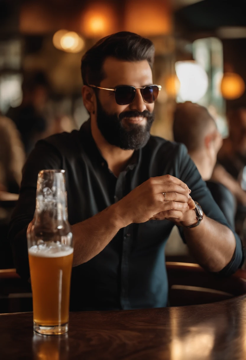 Homem 37 anos, barba curta, cabelo curto preto,moreno ,sun glasses, em um bar conversando e sorrindo, Beer glass on plastic table, A square full of people