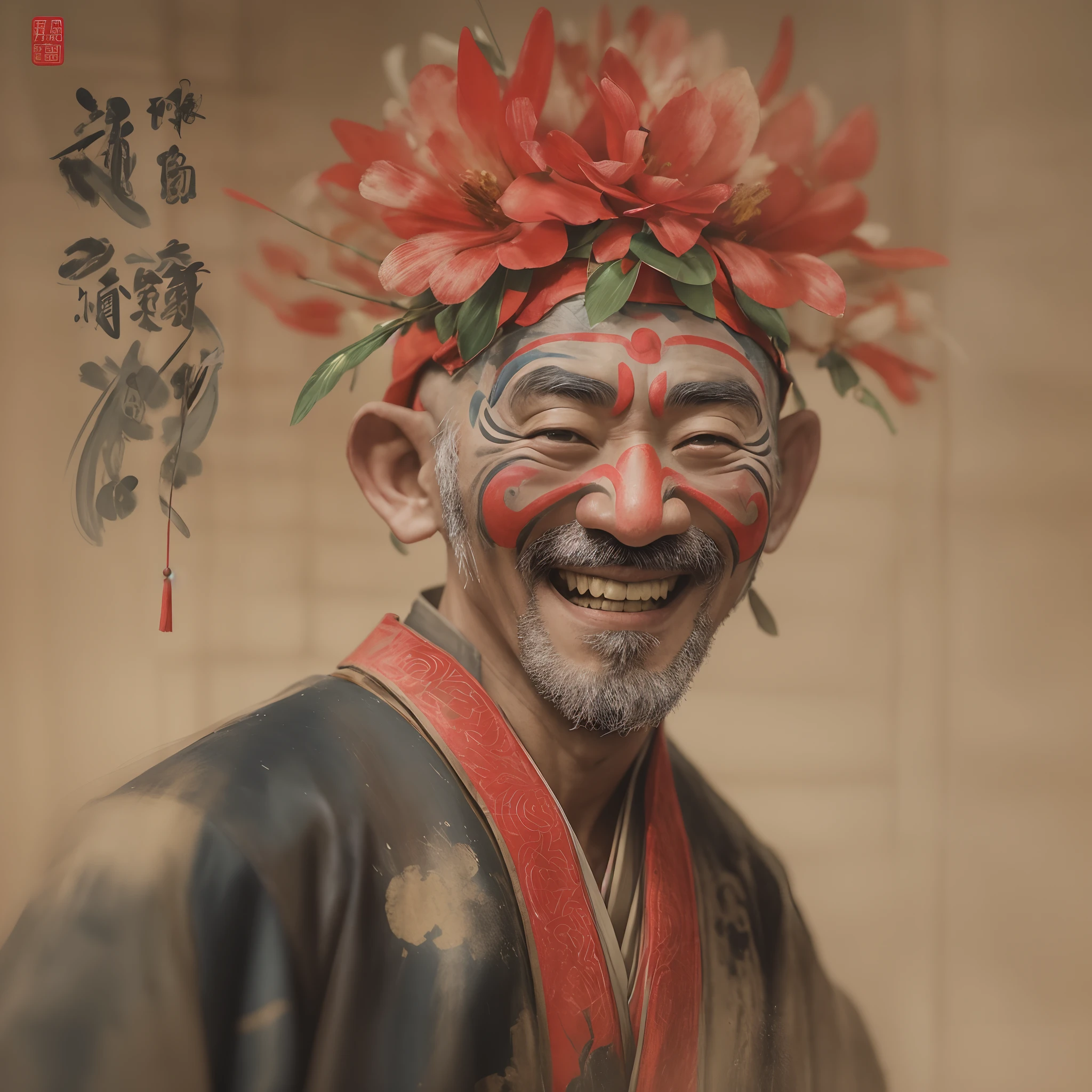 ((Close-up of the upper body of a man with the ugly face of a matchmaker in rural China)), (A super hilarious Peking Opera clown face), ( big laughter: 1.0), （Matchmaker makeup：1.10），Big red face，A large red flower is worn on his head，A muscular man, fit and muscular body, (No hair 1.0), obi strip，A wide training cloth is tied around the waist ，（Wearing the headdress of the matchmaker in the play：0.8）
Background with: Many Peking Opera and Sichuan Opera masks hang on the black walls, Simple background,close up photograph,Photography,Ukiyo-e art,Caricature,Masterpiece,illustration,Encaustic painting,Portrait of Fayoum,Matte painting,Photorealism,Photorealistic,sober, Image via Bradford Young,author：david bailey,author：Laurent Bayeux,Refined atmosphere,Dark atmosphere,Tilt-Shift,Waist Shot(WS),Close up,Mood lighting, --AR 3:4 - Style original - varnishing ，a 3D render