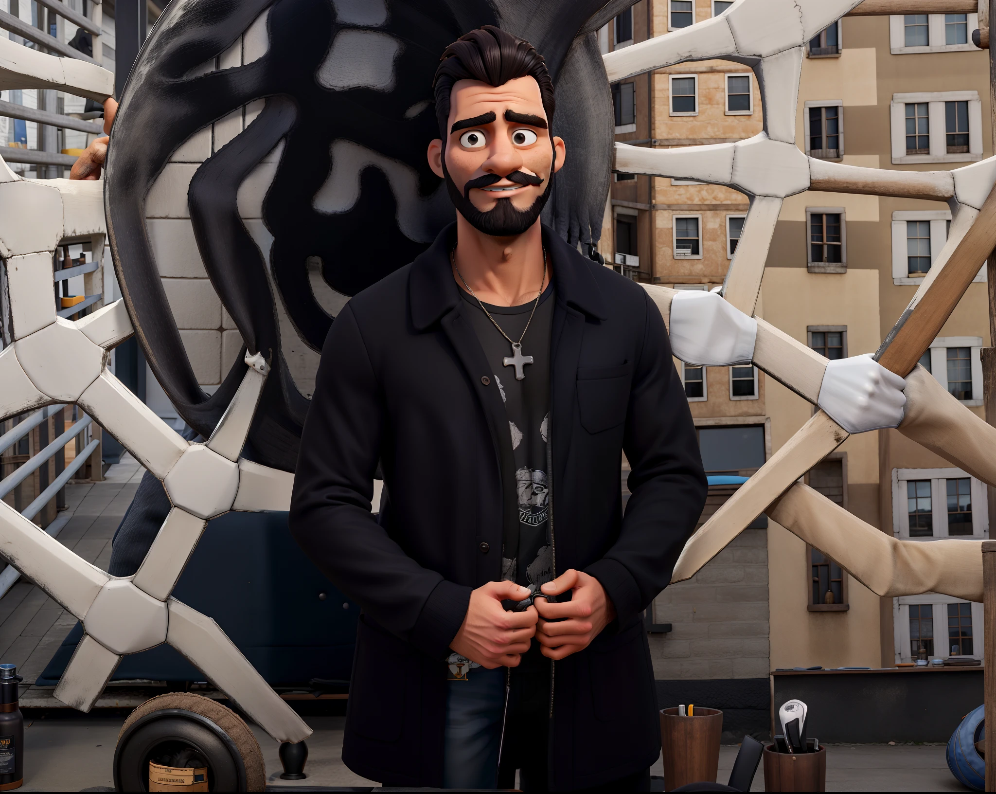 master part, best quality, um homem cabelo preto curto barba serrada com jacketa de couro preta cordao com uma cruz estatura meidana