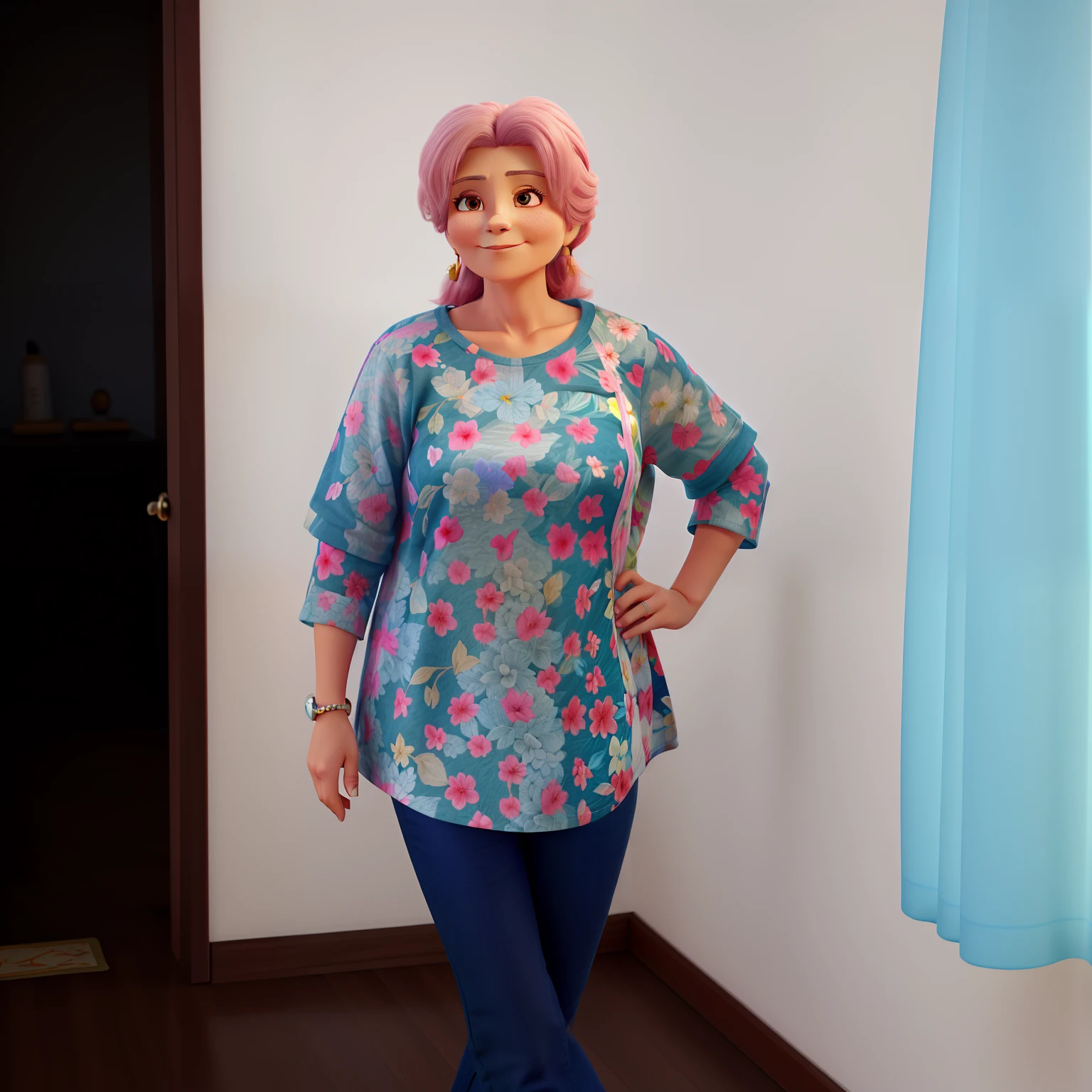 A Beautiful Wise Mature Woman, de cabelo castanho claro encaracolado, Wearing a t-shirt with pink flowers and blue jeans, iluminada pela luz de uma lampada