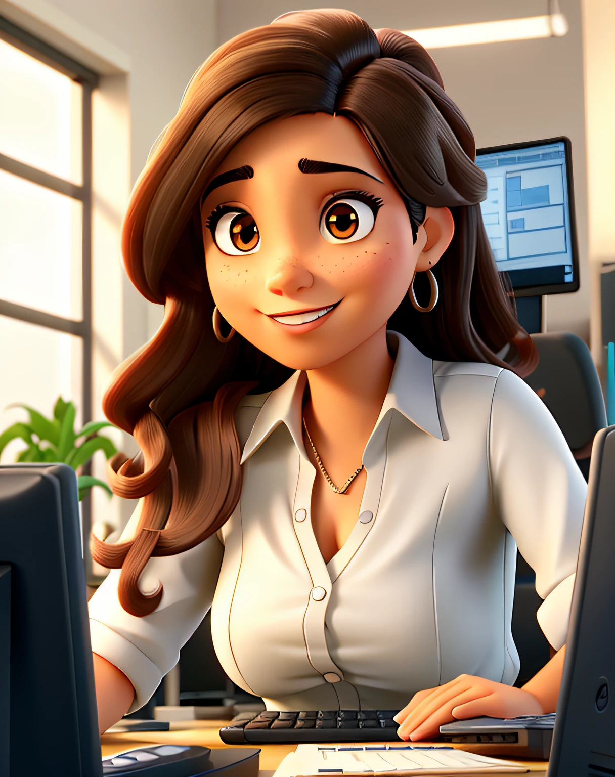 A woman businesswoman, with light skin, brown eyes and black hair, working on a computer, against the backdrop of a marketing office, style Disney Pixar, hight quality