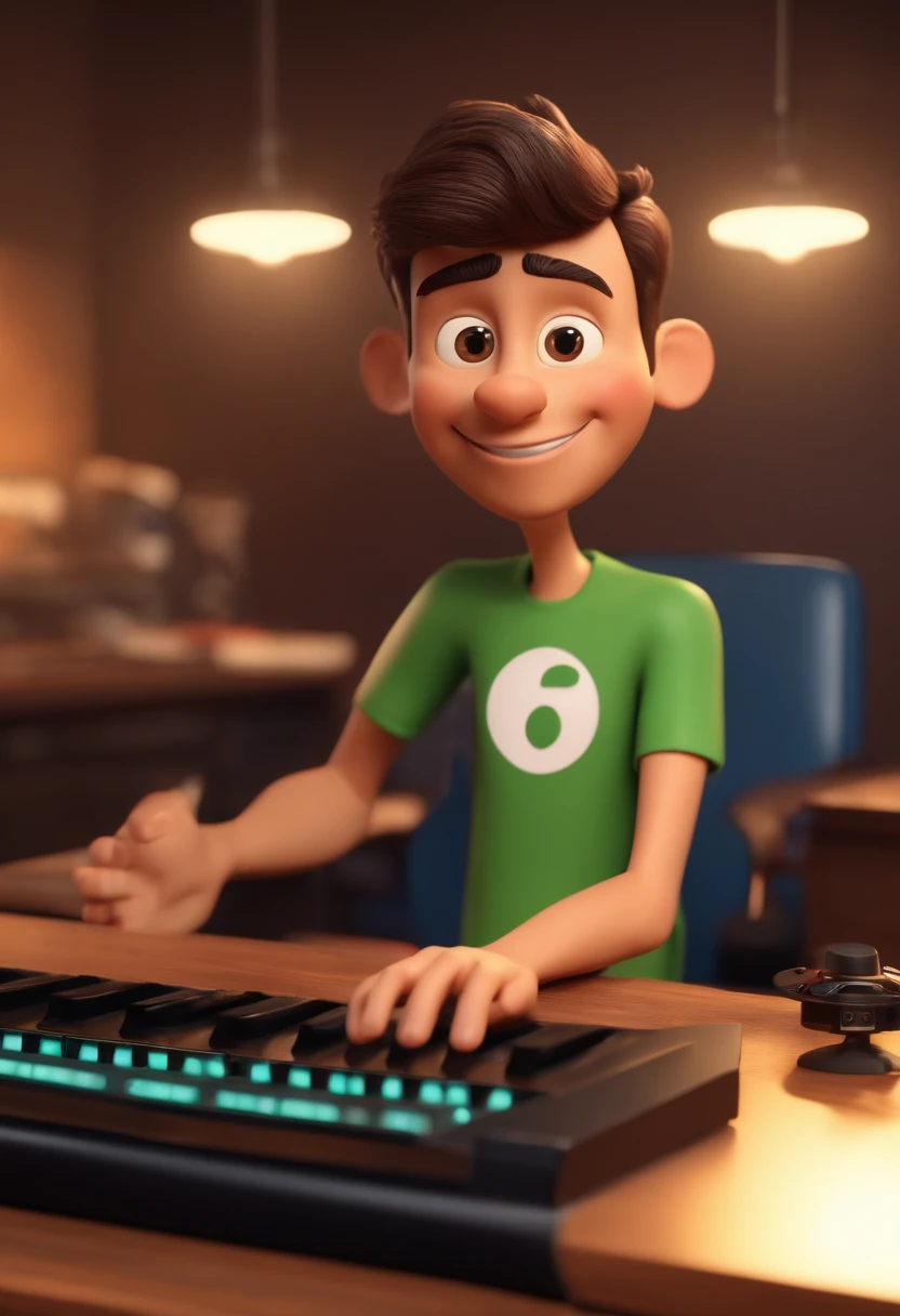 A Pixar-style 3D poster, Captura de uma cena com o fundo de videoaula um homem negro careca, He's happy with a keyboard( plano ) On a recording studio background with LED lights making videos for your students, animation style rendering, 3D estilizado, Arnold Maya render, 3 d render stylized, toon render keyshot, Personagem 3D, Personagem 3D, 3d rendering stylized, 3 d character render, personagem de desenho animado, Personagem de close up, Pose de personagem, (Estilo Pixar) (master part:1.2) (Bokeh) (best quality) (pele detalhada) (textura detalhada) (8k) (argila) (Cinematic lighting) (foco nítido