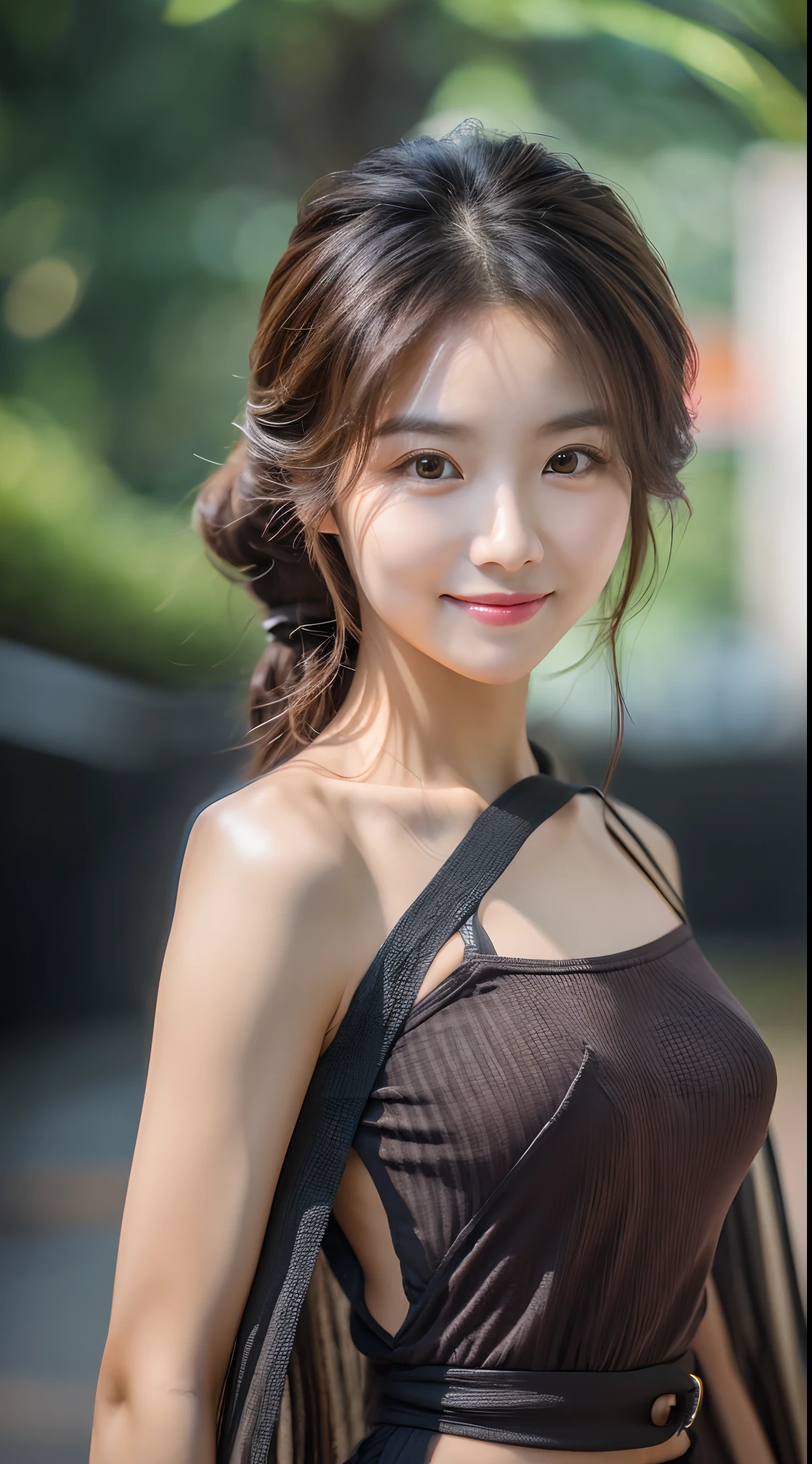 Realistic photos of (1 cute Korean star) medium hair, slightly smile, 32 inch breasts size,wearing tank top, shorts, close-up, UHD
