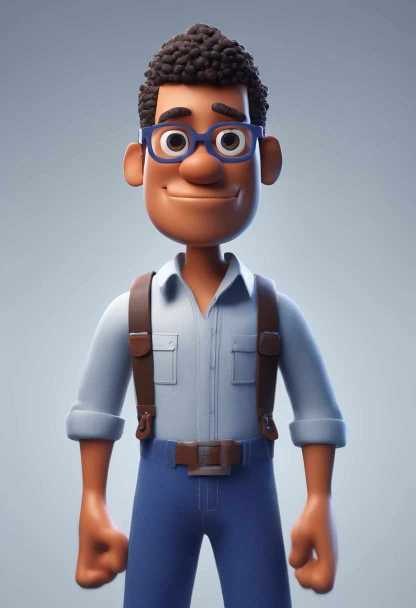 Cartoon character of a man with black glasses, de pele morena e um camisa azul, Animation Character Playing Guitar, Caractere estilizado, animation style rendering, 3D estilizado, Arnold Maya render, 3 d render stylized, toon render keyshot, Personagem 3D, Personagem 3D, 3d rendering stylized, 3 d character render, personagem de desenho animado, Personagem de close up, Pose de personagem,  (Estilo Pixar) (master part:1.2) (Bokeh) (best quality) (pele detalhada) (textura detalhada) (8k) (argila) (Cinematic lighting) (foco nítido