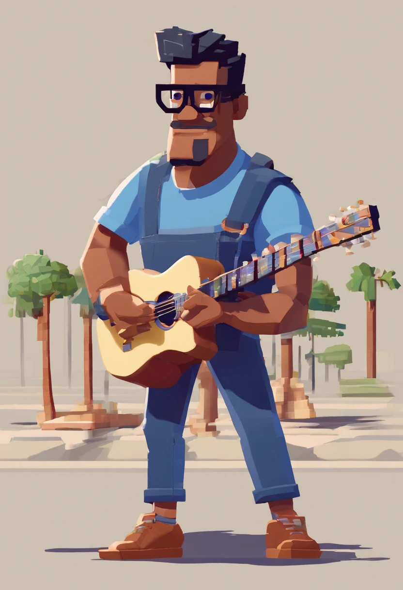 Cartoon character of a man with black glasses, de pele morena e um camisa azul, Animation Character Playing Guitar, Caractere estilizado, animation style rendering, 3D estilizado, Arnold Maya render, 3 d render stylized, toon render keyshot, Personagem 3D, Personagem 3D, 3d rendering stylized, 3 d character render, personagem de desenho animado, Personagem de close up, Pose de personagem,  (Estilo Pixar) (master part:1.2) (Bokeh) (best quality) (pele detalhada) (textura detalhada) (8k) (argila) (Cinematic lighting) (foco nítido