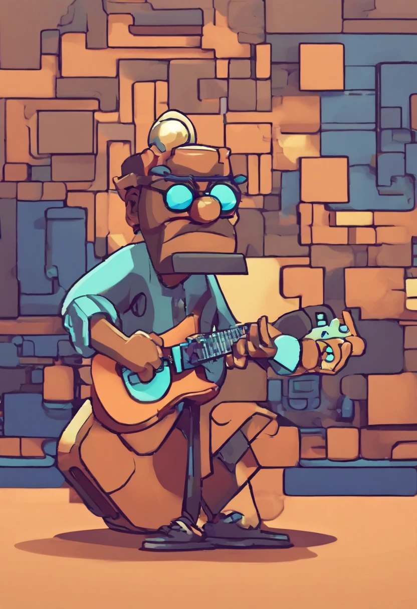 Cartoon character of a man with black glasses, de pele morena e um camisa azul, Animation Character Playing Guitar, Caractere estilizado, animation style rendering, 3D estilizado, Arnold Maya render, 3 d render stylized, toon render keyshot, Personagem 3D, Personagem 3D, 3d rendering stylized, 3 d character render, personagem de desenho animado, Personagem de close up, Pose de personagem, (Estilo Pixar) (master part:1.2) (Bokeh) (best quality) (pele detalhada) (textura detalhada) (8k) (argila) (Cinematic lighting) (foco nítido