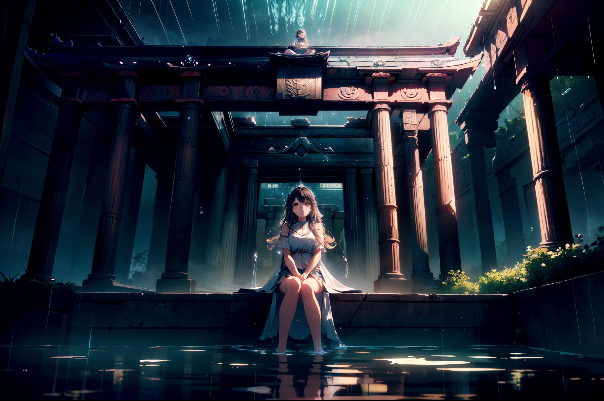 1 girl ,sitting ,(looking up), cinematic lighting , cinematic angle , ((submerged temple )), rain,((masterpiece)), ((best quality)), ((ultra-detailed)), (illustration), ((an extremely delicate and beautiful))