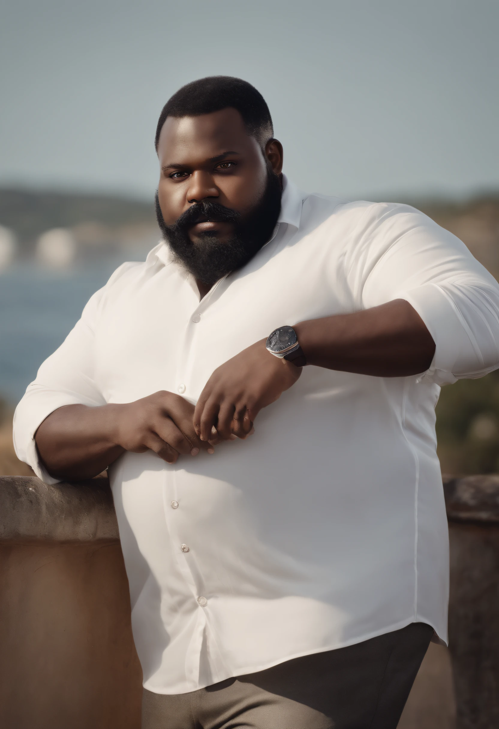 very very fat African man with beard and mustache in white shirt, Best quality,4K,8k,Very attractive man with beard, well-groomed facial hair, joli, Breathtaking, Realstic, Ultra-realistic image, moustache naturelle, old male,soft portrait shot 8 k, Very detailed portrait, thick mustache, Hyper-realistic style, barbe mince et brillante, poils courts du visage, Bartstoppeln, joli, face detailed, ultra realistic portrait, cheveux gris,elegant suit, ouvrir bouche, big , surpoids , mcdonald