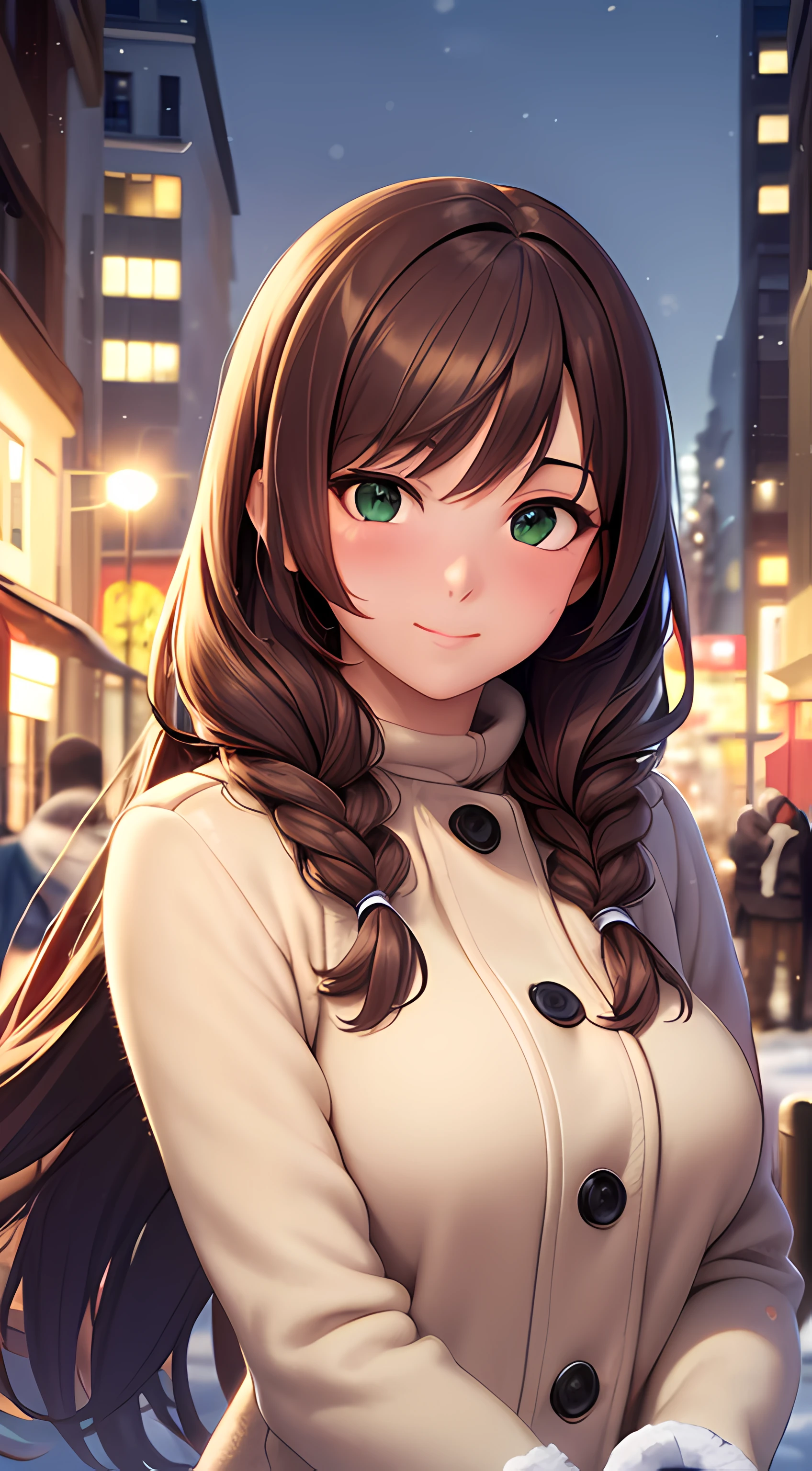 ((masterpiece, best quality, highres, UHD, perfect pixel, depth of field, 4k, RTX, HDR)), 1girl, single, solo, 24 years old, beautiful anime girl, beautiful artstyle, anime character, ((long hair, bangs, braided hair, brown hair, wavy hair)), (green eyes:1.4, rounded eyes, beautiful eyelashes, realistic eyes), (detailed face, blushing:1.2), (smooth texture:0.55, realistic texture:0.65, photorealistic:1.2, cinematic, anime CG style), medium breasts, perfect body, busty, (dynamic angle, pov, close up), ((winter clothes, long coats, mittens, gloves, long underwear)), night, night lamp, city lights, bokeh:1.4, (outdoor, city buildings, crowd), ((winter, snow, snow crystal, winter pine trees)), sly smile