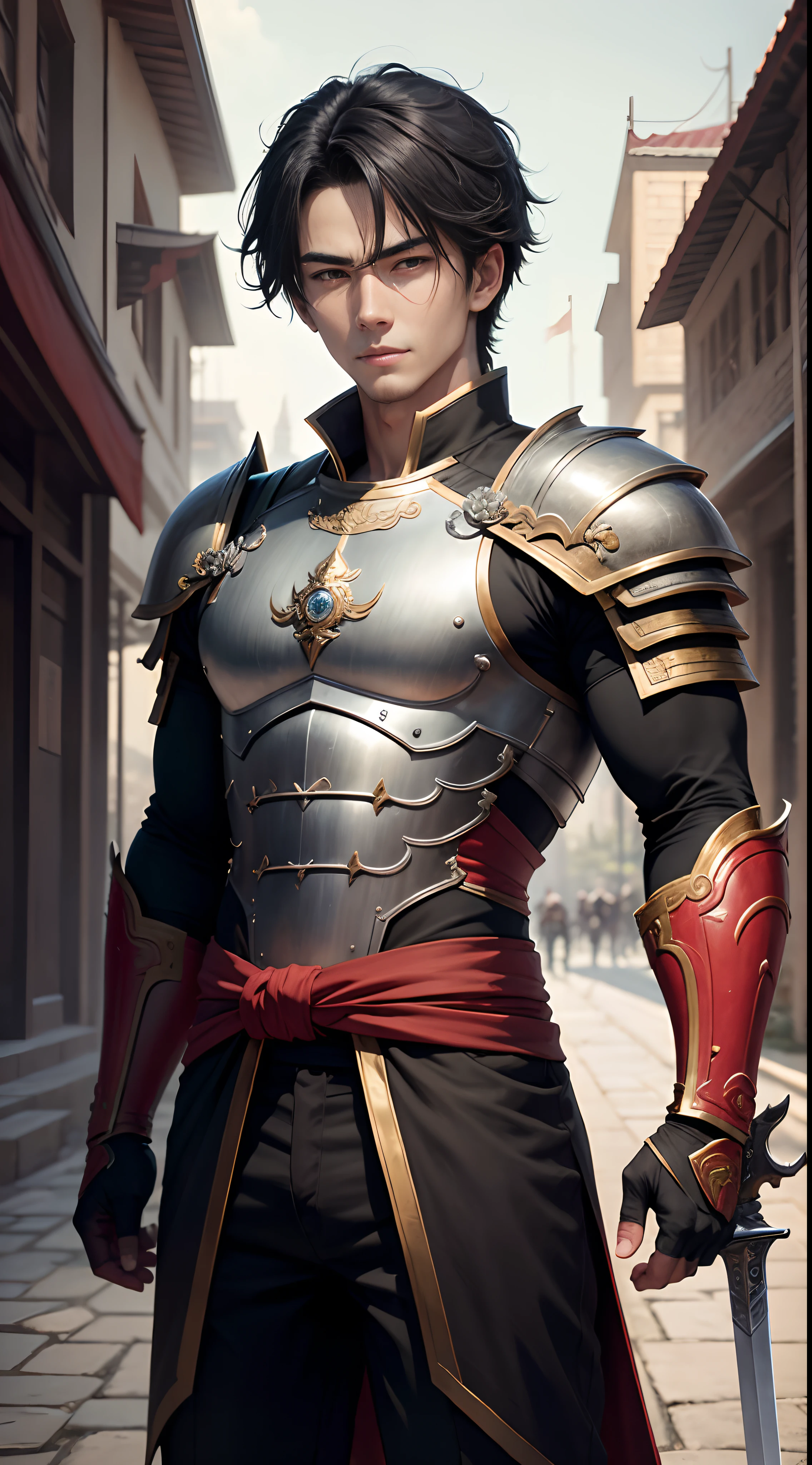 8K,Photorealsitic　Raw photography　top-quality;1.4) 　(1 Juvenile Attendant)　Super handsome use　(Lifelike face)　Shonen Demon Slayer　Black and red combat uniform　Black pants　Leggers Armor　Beautiful expression　超A high resolution　A smile　accurate detail　real looking skin　Equip a sword at the waist　In sword and armor in a city setting by Jan J, Handsome Boy in Demon Slayer Art, G Liulian art style, chengwei pan on artstation, yangjun chen, Zhao Yun, Inspired by Zhang Senyao, by Leng Mei, by Victor Wang, xianxia hero, by Zhou Fang, by Yang Jin