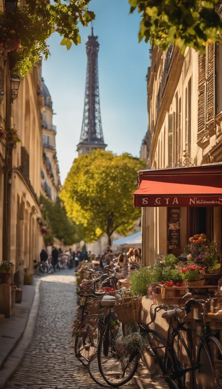 (best quality,4k,8k,Altas,master part:1.2),ultra-detalhado,(Realistic,fotorrealista,photo-realistic:1.37), bonita nas ruas encantadoras de Paris,Unique French atmosphere,Lively café scene,flores coloridas vibrantes em todos os lugares,arquitetura parisiense branca e delicada,Cozy sunny morning with gentle breeze,majestosa Torre Eiffel ao fundo,Cobblestone streets with lampposts and vintage bikes,Moradores e turistas elegantemente vestidos desfrutando de seus croissants,Hot air balloon floating in clear blue sky,Romantic kisses on the banks of the Seine River,Iconic Notre-Dame Cathedral with intricate details,estilo inspirado na pintura impressionista,Warm Pastel Color Tip,Soft natural lighting casting dreamy shadows.