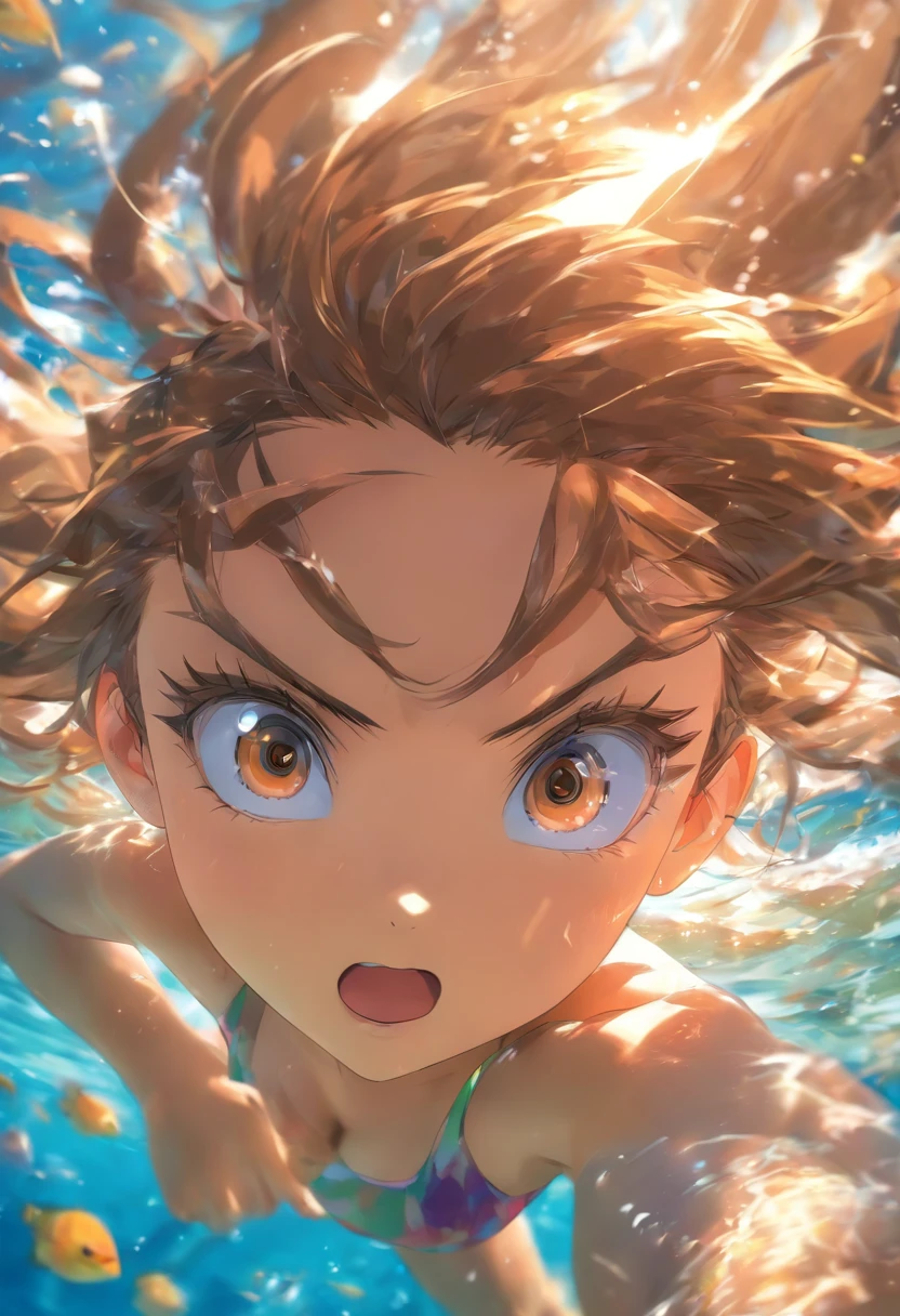 foreshortening, profundidade de campo, master part, best quality, 1girl, brown hair, olhos castanhos, cabelos longos, underwater, bolha de ar, sozinho, Olhando para o Viewer, school school swimsuit, swimming, luz solar fraca,