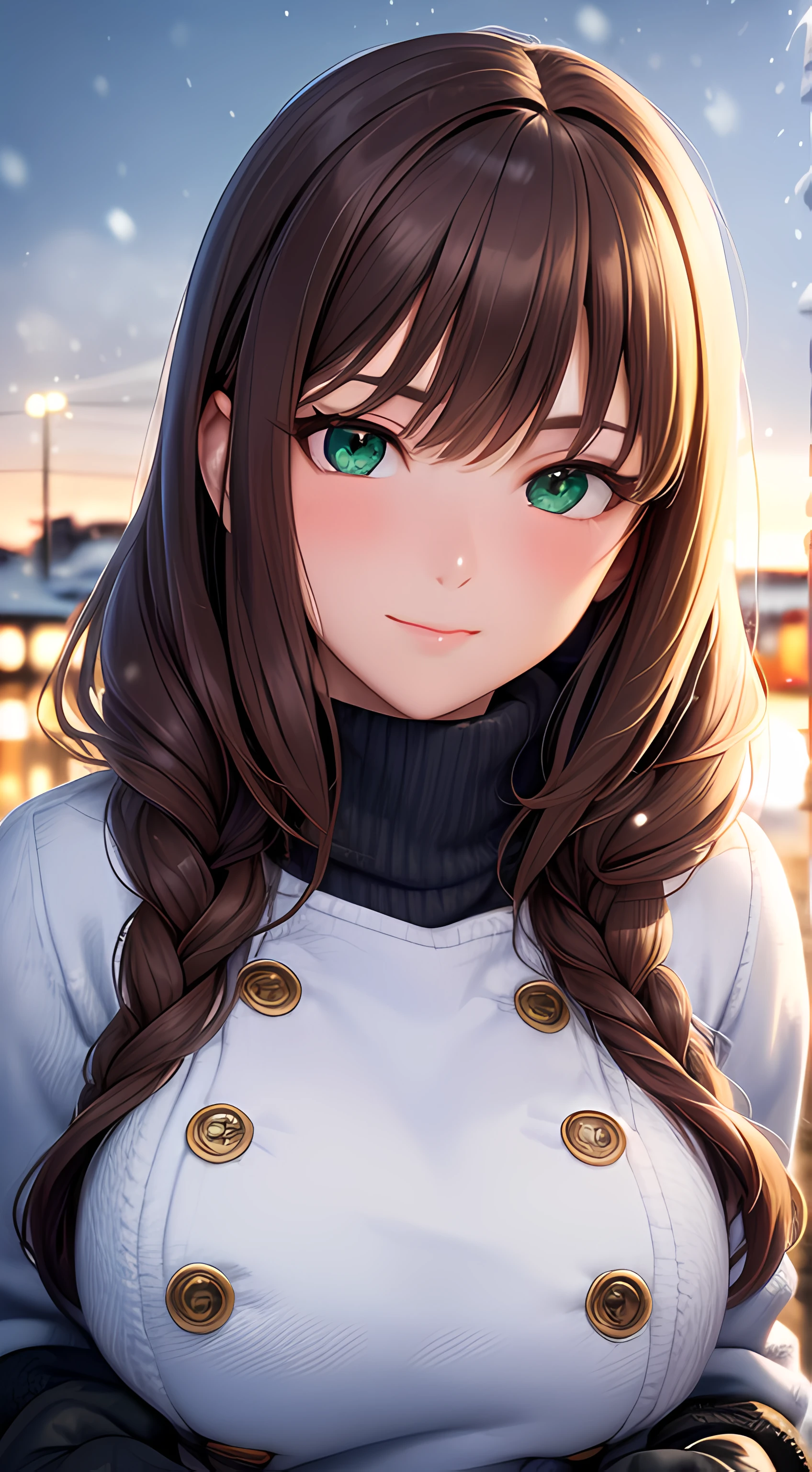 ((masterpiece, best quality, highres, UHD, perfect pixel, depth of field, 4k, RTX, HDR)), 1girl, single, solo, 24 years old, beautiful anime girl, beautiful artstyle, anime character, ((long hair, bangs, braided hair, brown hair, wavy hair)), (green eyes:1.4, rounded eyes, beautiful eyelashes, realistic eyes), (detailed face, blushing:1.2), (smooth texture:0.55, realistic texture:0.65, photorealistic:1.2, cinematic, anime CG style), medium breasts, perfect body, busty, (dynamic angle, pov, close up), ((winter clothes, long coats, mittens, gloves, long underwear)), night, night lamp, city lights, bokeh:1.4, (outdoor, city buildings, crowd), ((winter, snow, snow crystal, winter pine trees)), sly smile