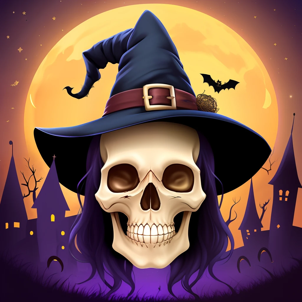 Arte digital, Skull with witch hat and tunic, noite de halloween, castelo assombrado, lua cheia.
