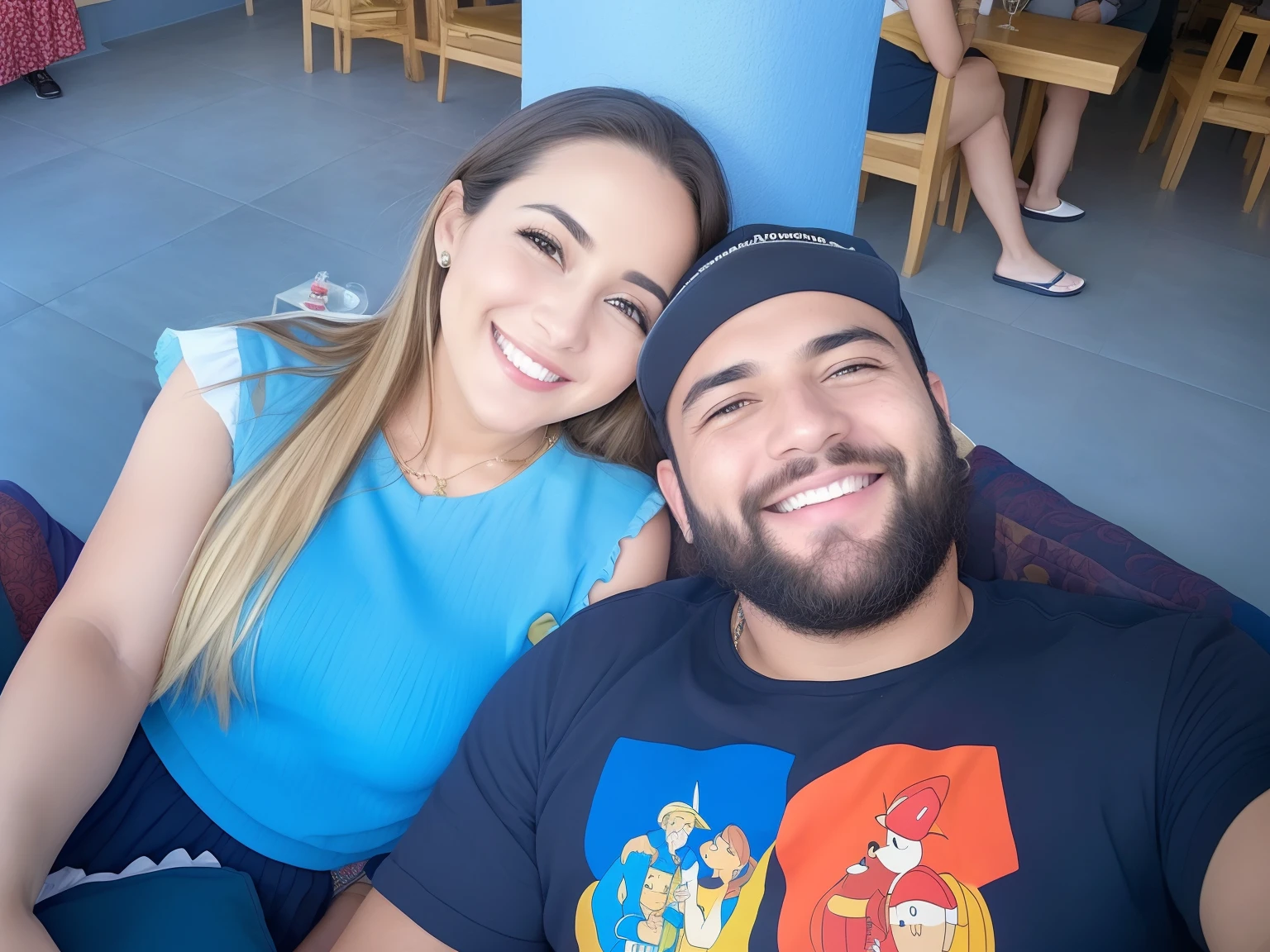 Smiling couple sitting on a sofa in a restaurant with a woman looking at the camera, vacation photo, Casal feliz, divertindo-se, Fotografia tirada em 2 0 2 0, both smiling for the camera, Foto tirada em 2018, having a time of our un-life, casal sorridente, ambos rindo, belos arredores, Postagem no Reddit