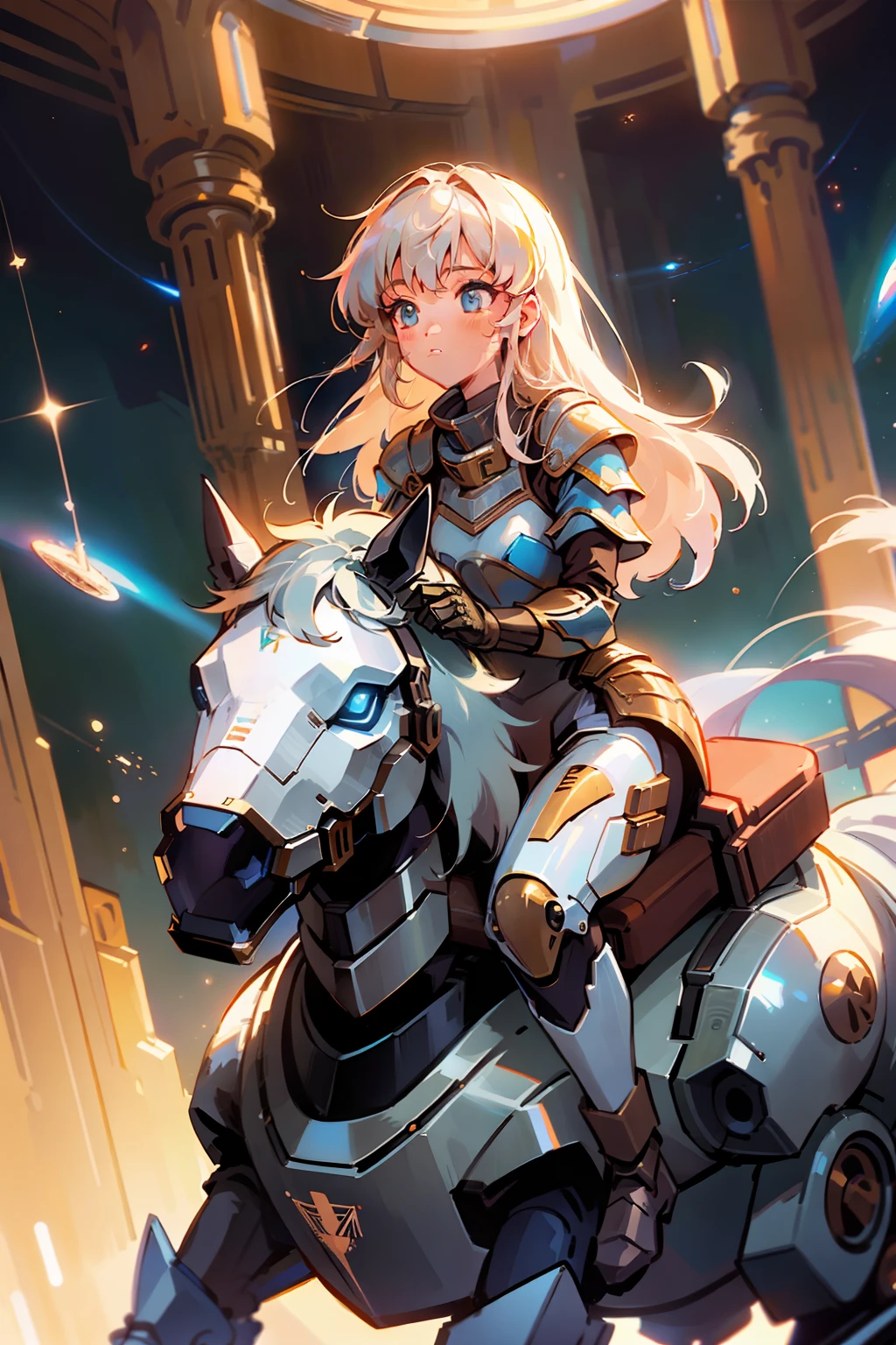 (((masterpiece))), (((best quality))), ((ultra-detailed)), (cinematic lighting), (illustration), (beautiful detailed eyes), (1girl), full body, space, knight, armour, light hair, sitting on robot horse, jumpsuit,