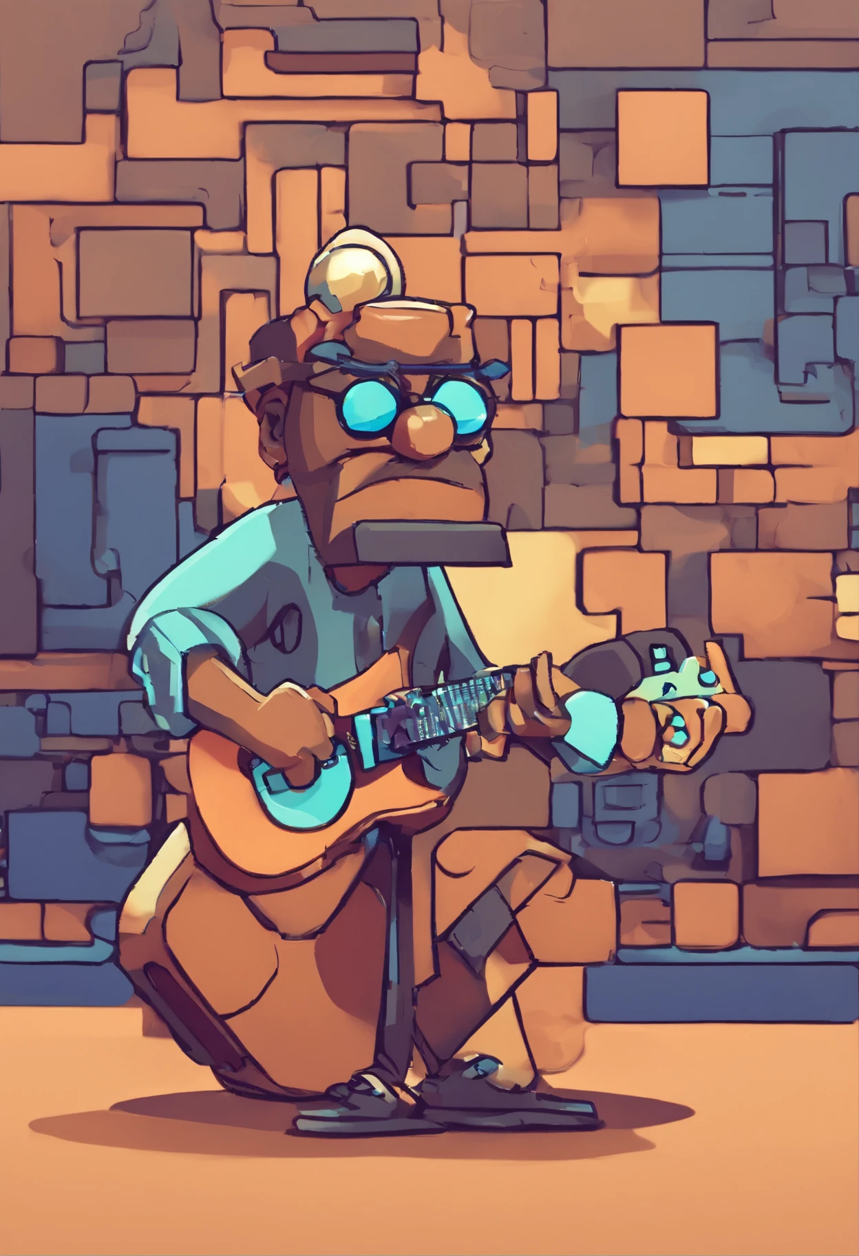 Cartoon character of a man with black glasses, de pele morena e um camisa azul, Animation Character Playing Guitar, Caractere estilizado, animation style rendering, 3D estilizado, Arnold Maya render, 3 d render stylized, toon render keyshot, Personagem 3D, Personagem 3D, 3d rendering stylized, 3 d character render, personagem de desenho animado, Personagem de close up, Pose de personagem,  (Estilo Pixar) (master part:1.2) (Bokeh) (best quality) (pele detalhada) (textura detalhada) (8k) (argila) (Cinematic lighting) (foco nítido