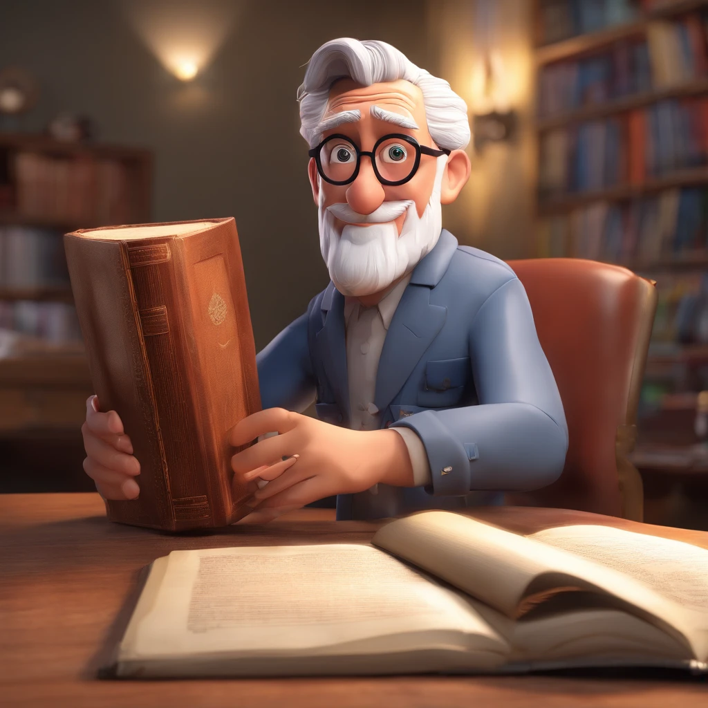 Crie um cartaz inspirado na Disney Pixar com o personagem sendo o pastor Rubens Janier, A gray-haired man wearing glasses, in an office with a Bible on the table