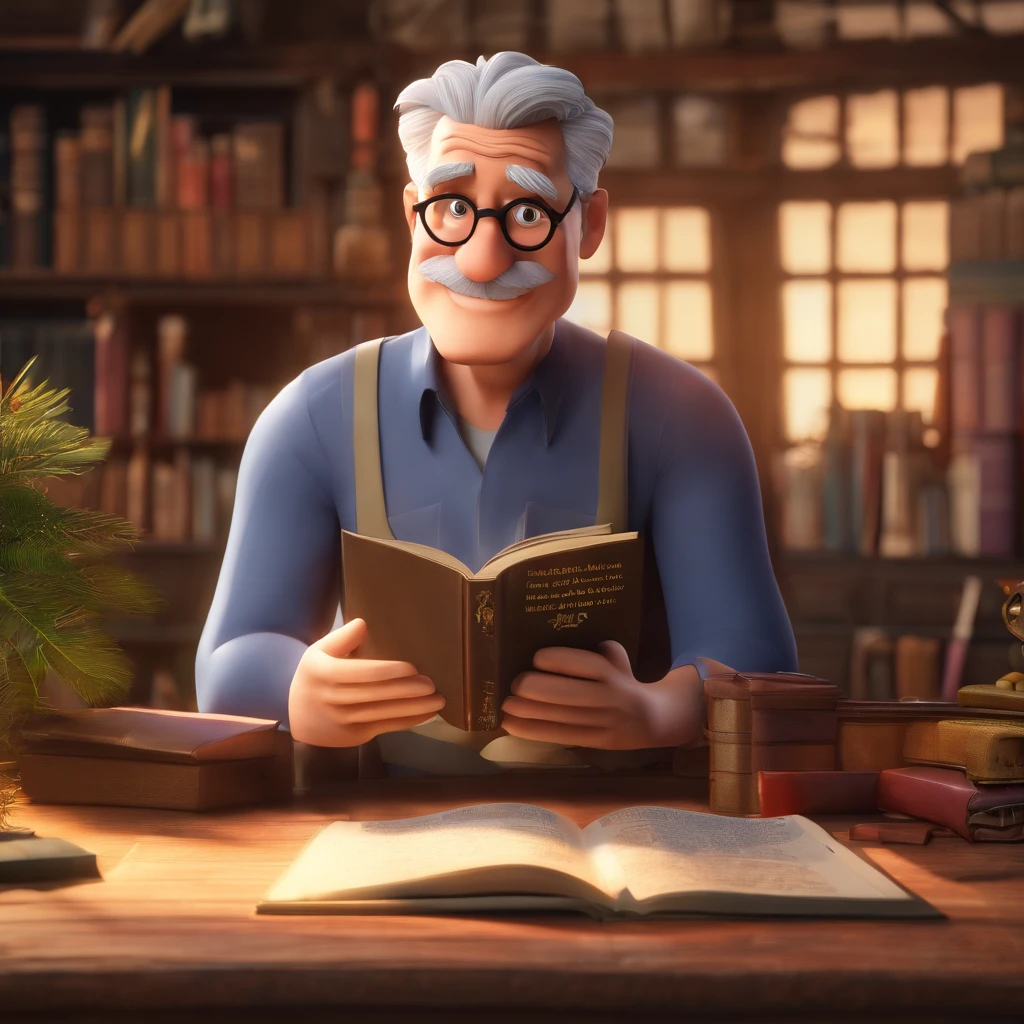 Crie um cartaz inspirado na Disney Pixar com o personagem sendo o pastor Rubens Janier, A gray-haired man wearing glasses, in an office with a Bible on the table