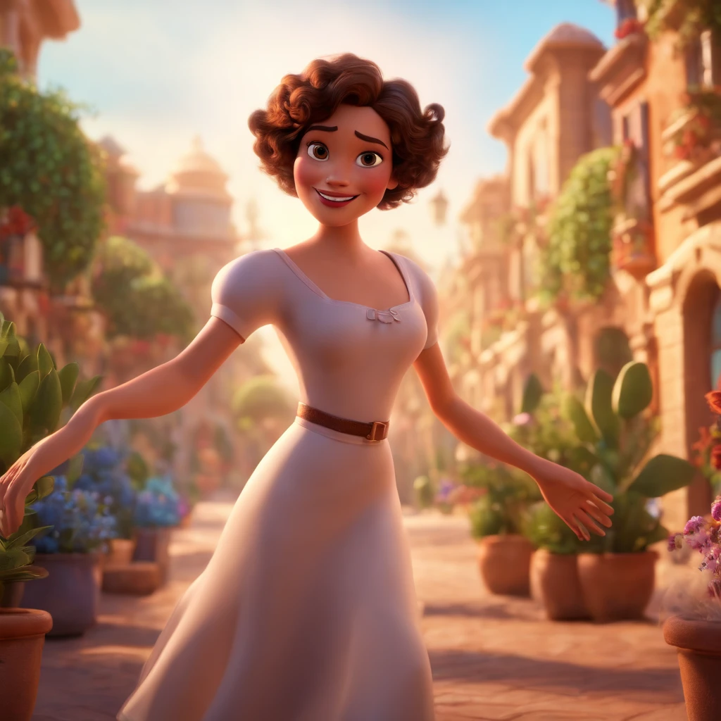 Pixar style image with 3D character white glasses brunette woman short curly hair dancing, Maquiagem Disney,Pescador, bonitinho, sorridente ,Close-up, Pixar, Disney, Cinema lighting,