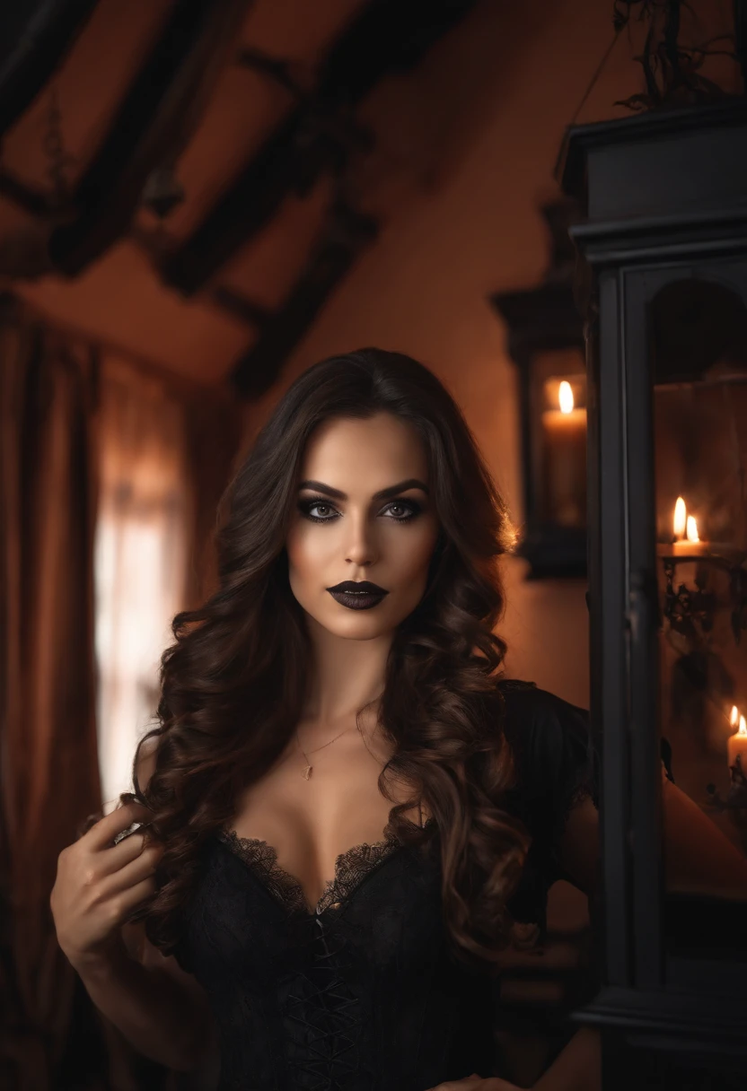woman fully , sexy girl with brown eyes, ultra realistic, meticulously detailed, brunette hair, selfie of a young woman, bedroom , natural makeup, wearing sexy witch costume for Halloween. Standing in front of black homes Halloween theme
