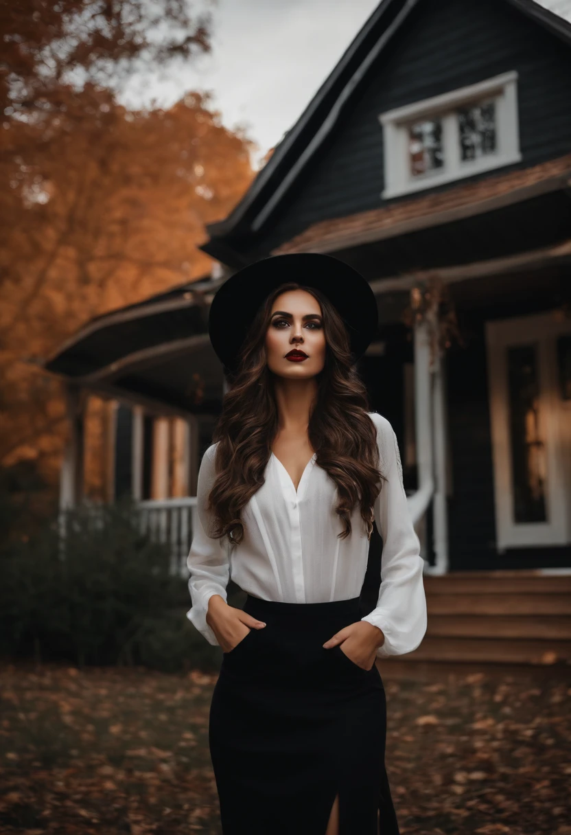woman fully , sexy girl with brown eyes, ultra realistic, meticulously detailed, brunette hair, selfie of a young woman, bedroom , natural makeup, wearing sexy witch costume for Halloween.  Standing in front of black homes Halloween theme