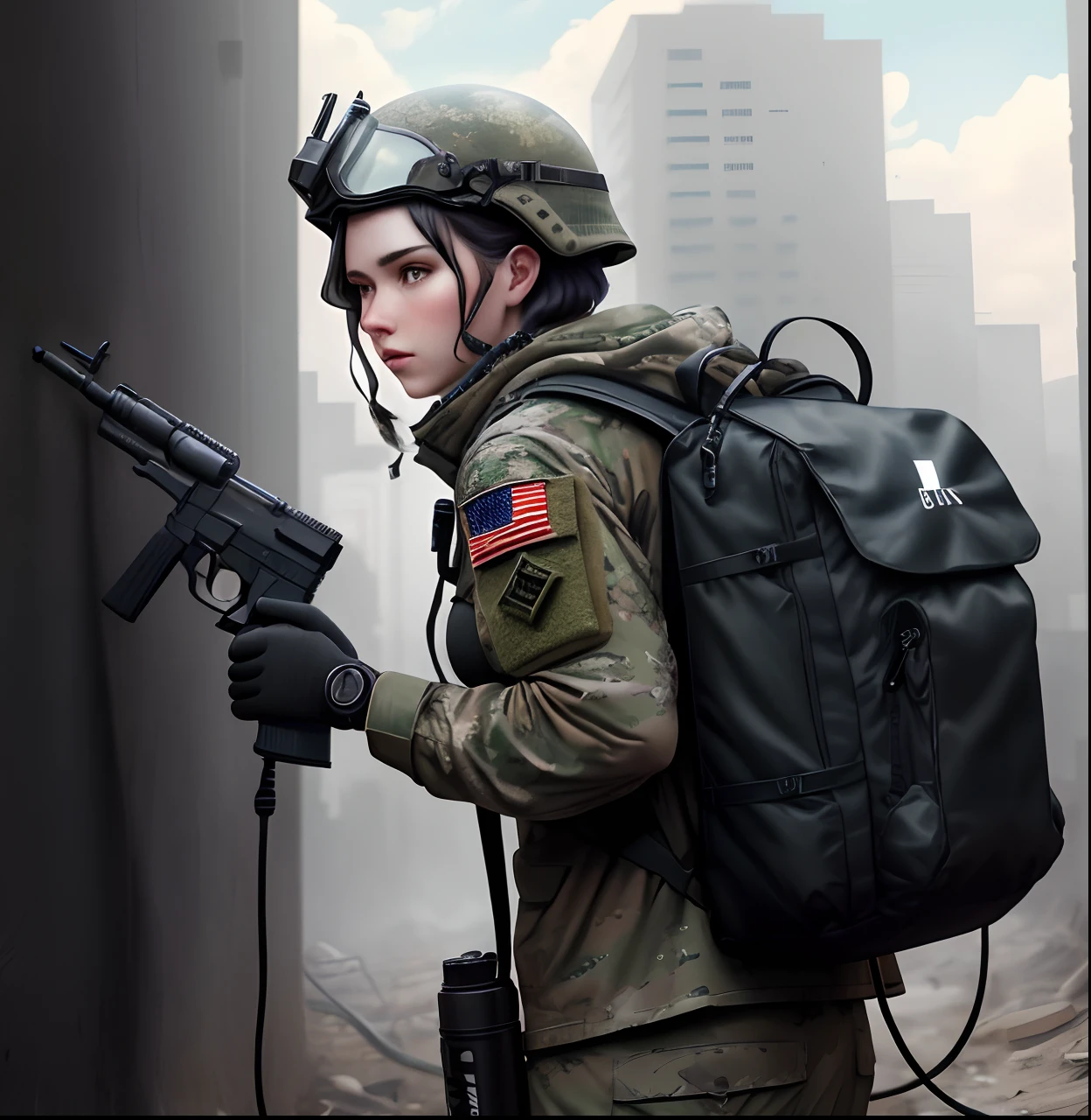 "In a cartoonish and dramatic style, amidst a post-apocalyptic urban environment where nature has reclaimed its dominance, an individual dressed in a 'Python Black' military camouflage stands in profile, crouched behind a low wall for cover from enemy fire. On their head, they wear a Greek Spartan helmet. Visible on their back is a camelbak, and in their hand, they hold an automatic pistol with a combat flashlight attached beneath it, connected by a flexible coil hose from the pistol's magazine to the camelbak on their back."