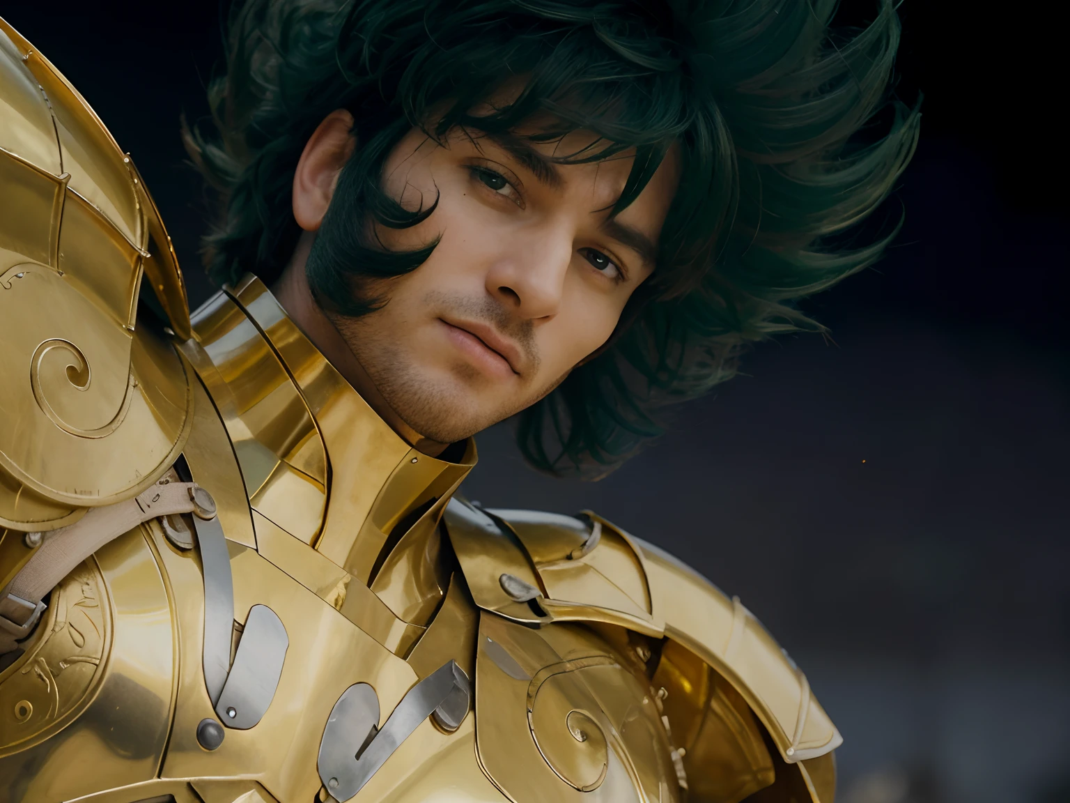 (masterpiece), (realistic) low angle, close up portrait of an man, (male), 30 years old, spanish, (1boy), solo, serious, looking at viewer, wearing an medieval armor, (full body armor), (golden armor), chrome gold, (detailed armor), (ornate armor), dark green hair, (hair blowing in wind), (hair chops), upper body, night and stars background, sharp focus, cinematic lighting,