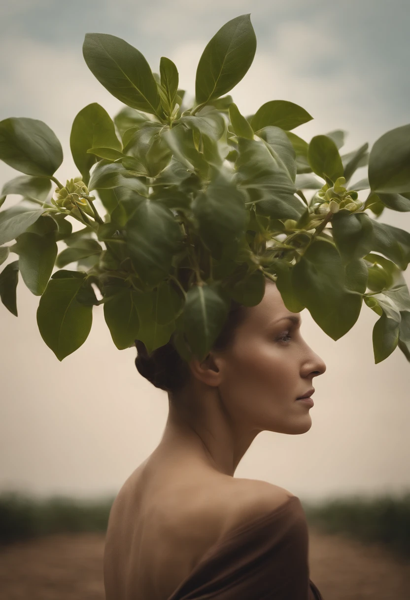 We see a woman with a potted plant for her head, uma imagem inspirada em Rene Magritte, figurativismo, Flowers growing in a potted plant in place of your head, Woman with head made of a potted plant, growth on head, branches sprouting from his head, planta em vaso, retrato centrado, fundo infinito, a potted plant in place of the head.