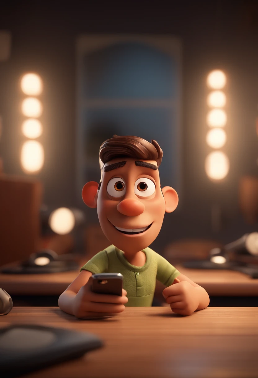 A Pixar-style 3D poster, Captura de uma cena com o fundo de videoaula com um homem negro de 30 anos, Rosto redondo, corpo magro, branco caucasiano, cabelos negros curto, com a barba inteira branca, with black prescription square glasses, he's happy with an iPhone 15 pro max on a recording studio background with led lights making videos for his students, animation style rendering, 3D estilizado, Arnold Maya render, 3 d render stylized, toon render keyshot, Personagem 3D, Personagem 3D, 3d rendering stylized, 3 d character render, personagem de desenho animado, Personagem de close up, Pose de personagem,  (Estilo Pixar) (master part:1.2) (Bokeh) (best quality) (pele detalhada) (textura detalhada) (8k) (argila) (Cinematic lighting) (foco nítido