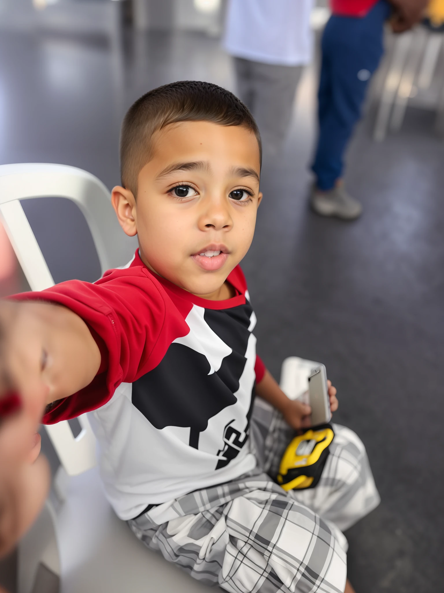 There's a boy sitting in a chair holding a cell phone, holding it out to the camera, pointing at camera, Reyyan, imagem de qualidade muito baixa, cabrito, garoto chamado dedo, with a kid, looking-into-camera, waving at the camera, garotinho, looking-into-camera, menino novo, Tiro em GoPro9