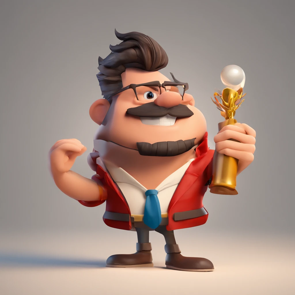 Criar um personagem no estilo Pixar. Trata-se de um homem de 30 anos, com barba, Branco, com cabelos castanhos curtos e um quiff, e olhos castanhos. Ele deve estar na frente de um computador, Trabalhar como designer